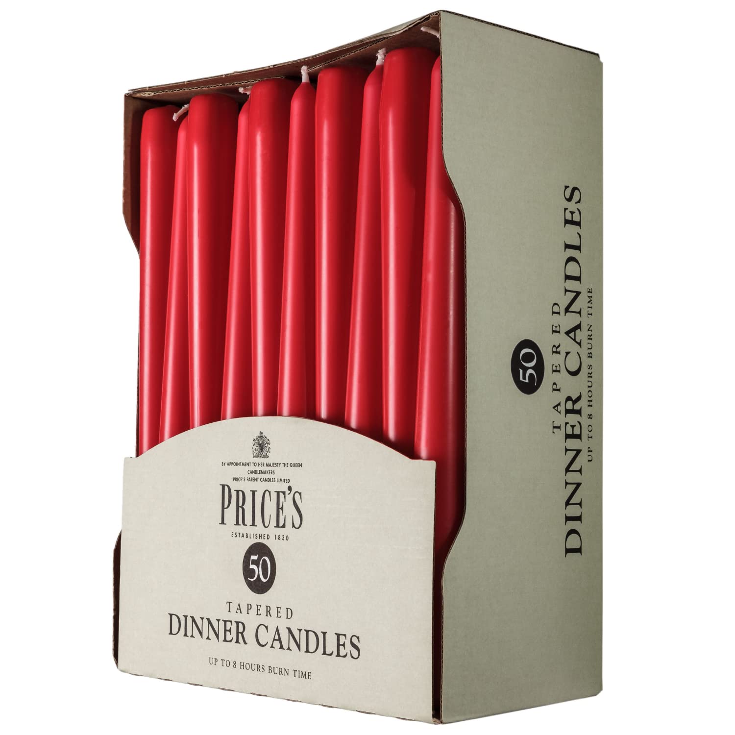 Price's Candles - 50 Pack Red Unscented Tapered Dinner Candles | Dripless Design | 7 Hour Burn Time | Perfect for Romantic Dinners, Weddings & Holiday Decorations