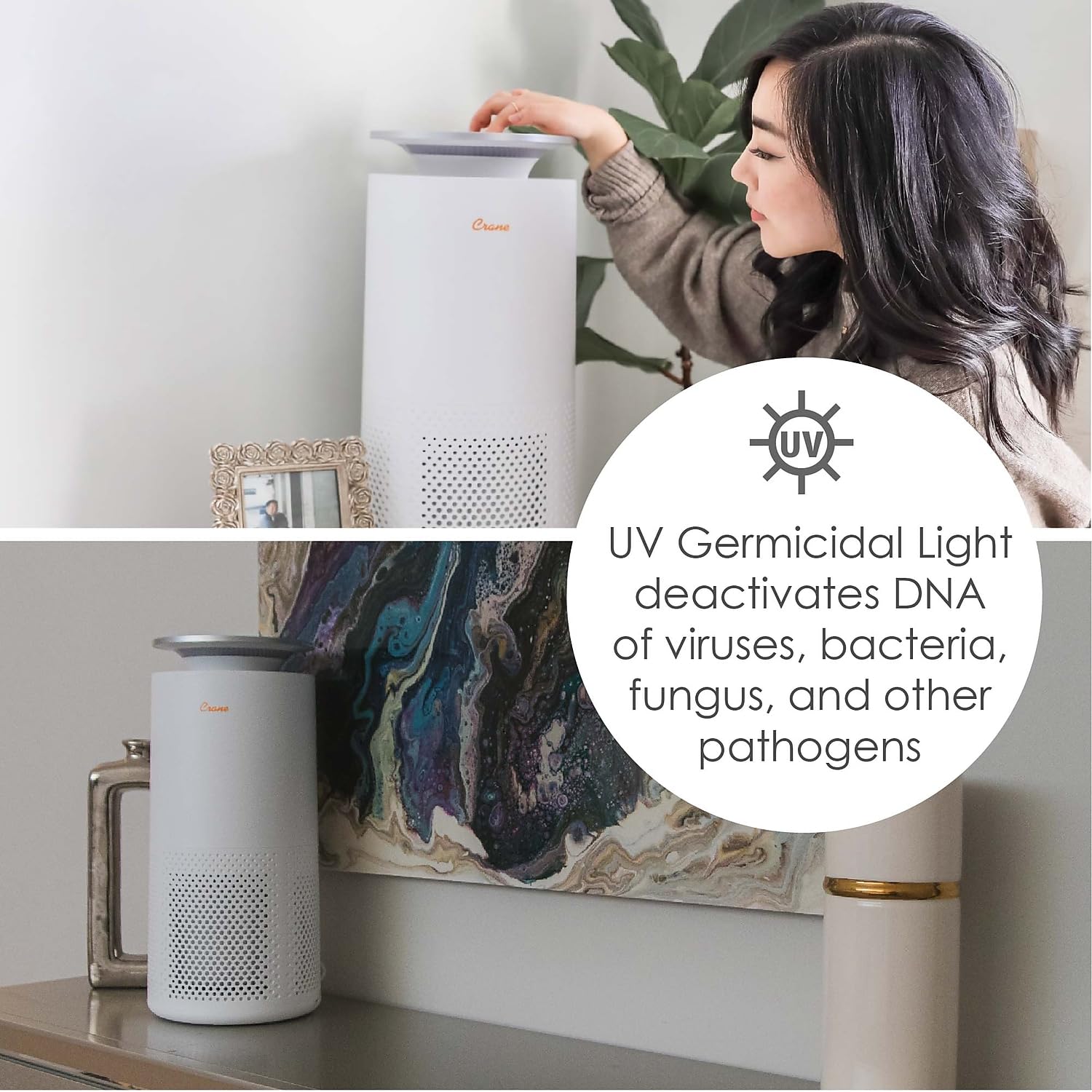 Crane True HEPA Air Purifier for Large Rooms up to 500 Sq Ft with Timer, Sleep Mode & Air Quality Monitor (Model EE-5069) - Perfect for Bedrooms, Offices & Allergy Relief