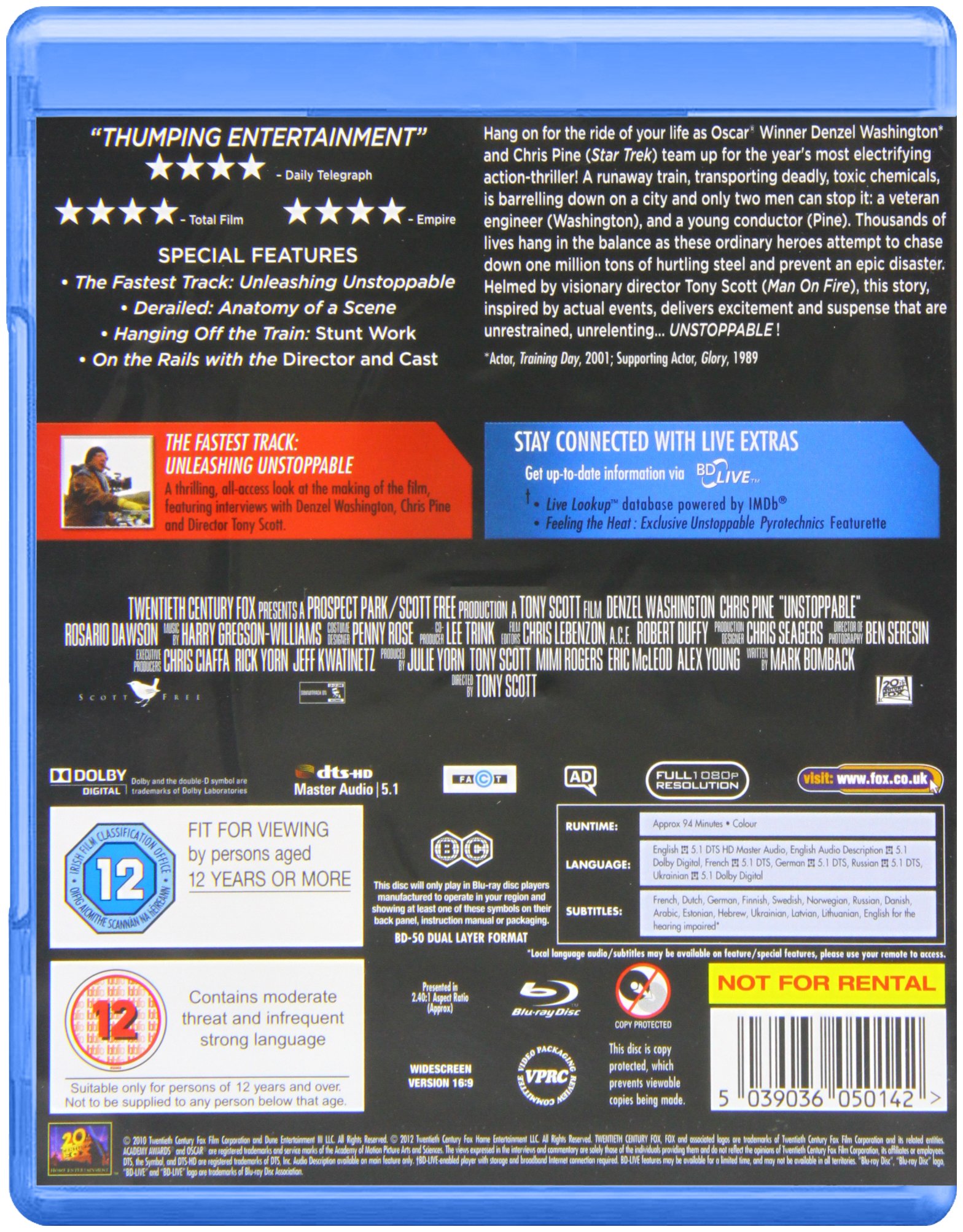 Unstoppable Blu-ray Movie - Action Thriller Film with Denzel Washington - Perfect for Movie Nights & Home Theater Collections