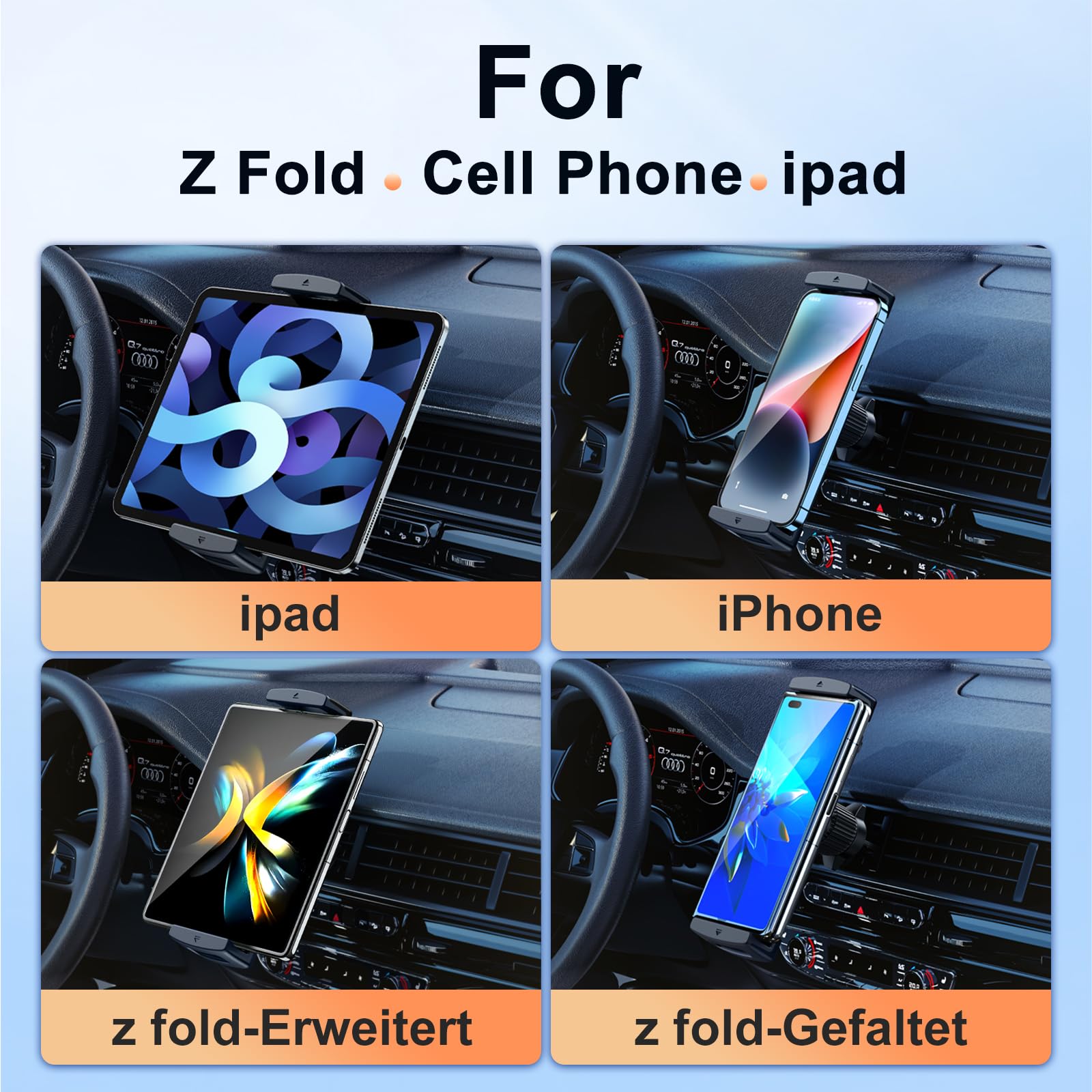 360° Rotatable Car Phone Mount for Samsung Galaxy Z Fold 6/5/4/3, iPad Mini 6, iPad Pro, iPad Air & Pixel Fold - Universal Tablet Holder for Car Air Vent & Dashboard (Fits 4-12.9