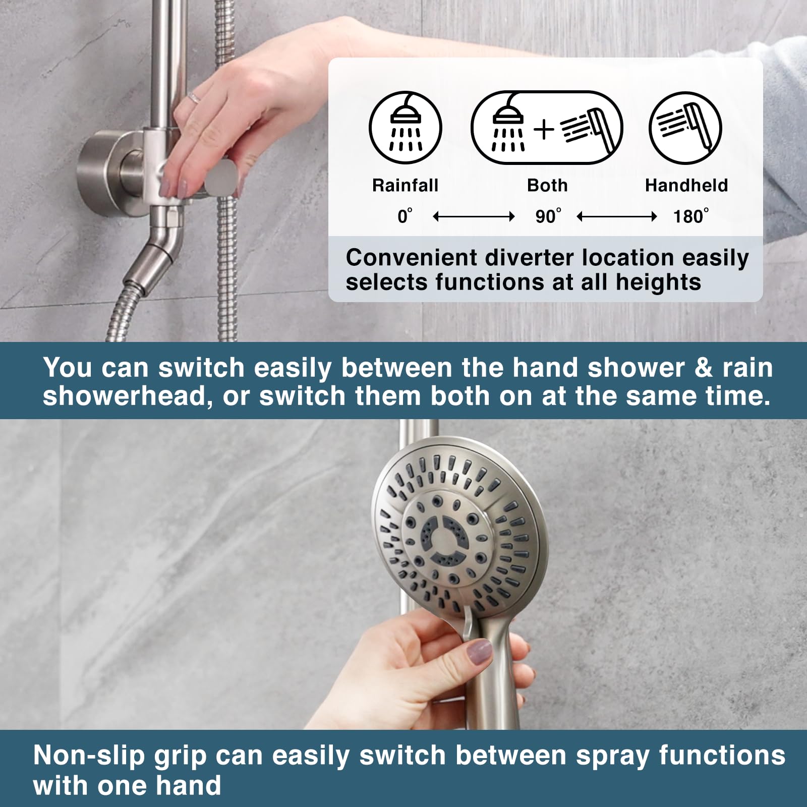 BRIGHT SHOWERS Luxury Rain Shower System - 60 Inch Adjustable Rainfall Shower Head with Handheld Spray & Brushed Nickel Stainless Steel Hose - Perfect for Spa-Like Bathroom Experience & Relaxing Shower Time