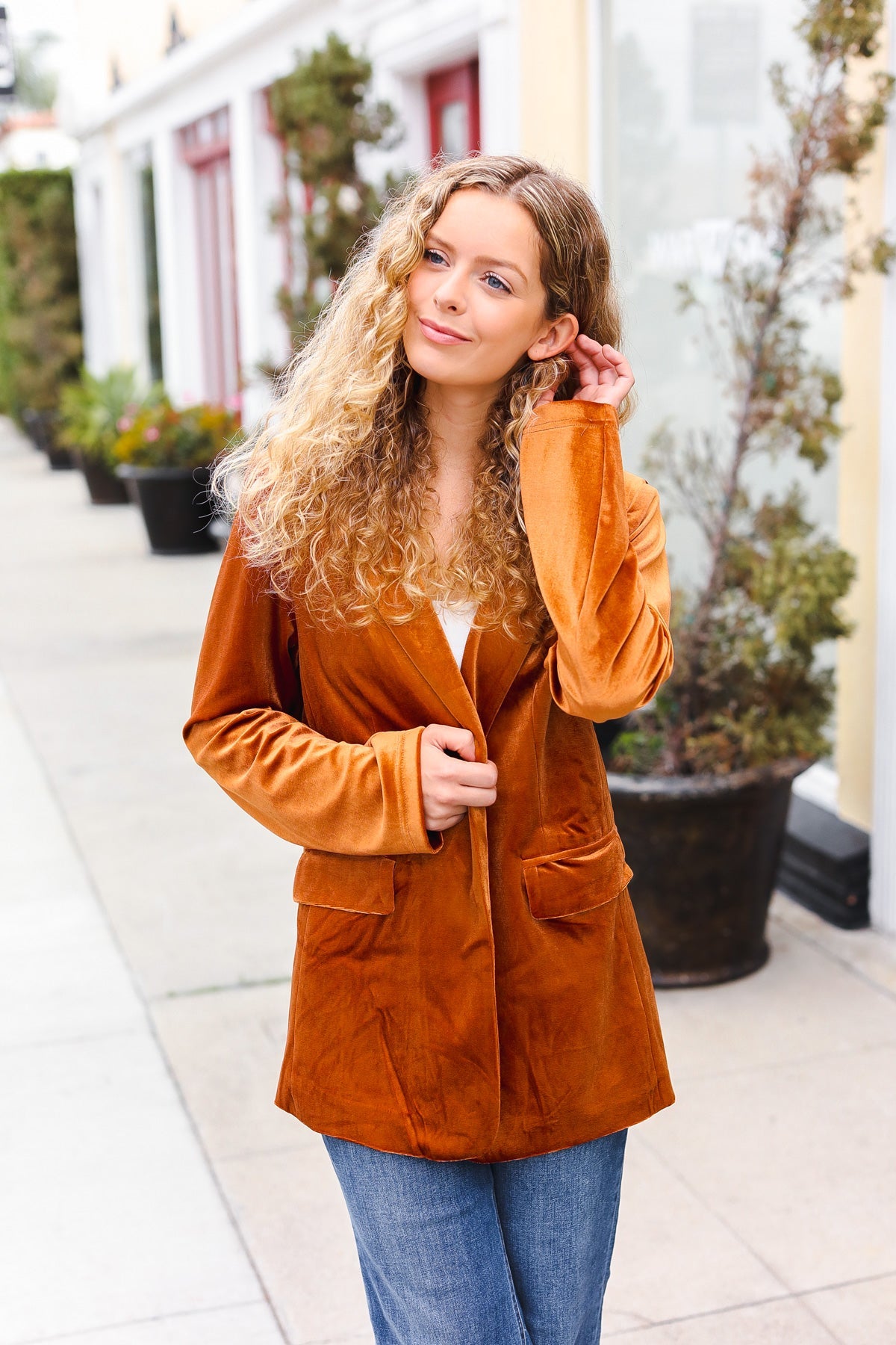 Stylish Rust Velvet Blazer with Lapel - Elegant Holiday Party Outfit for Women | Perfect for Christmas, Weddings & Special Occasions