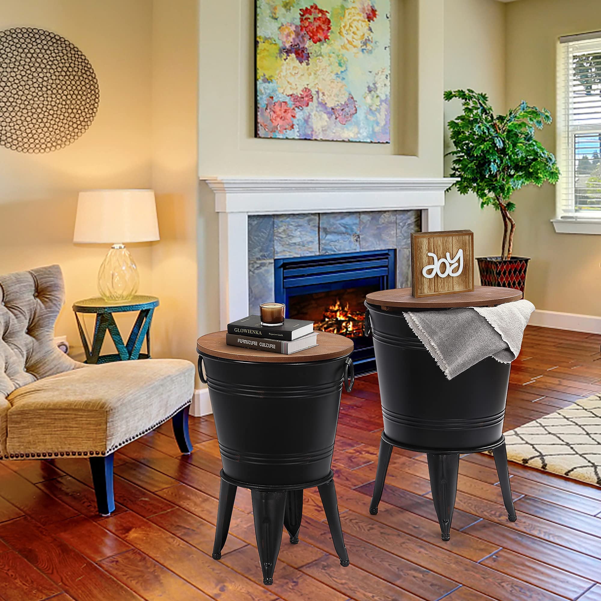 RUSTOWN Farmhouse Accent Side Table Set of 2 - Rustic Antique Galvanized Metal End Table with Round Wood Lid, Coffee or Cocktail Table with Storage Bin (Black) - Perfect for Living Room, Bedroom, or Patio Decor