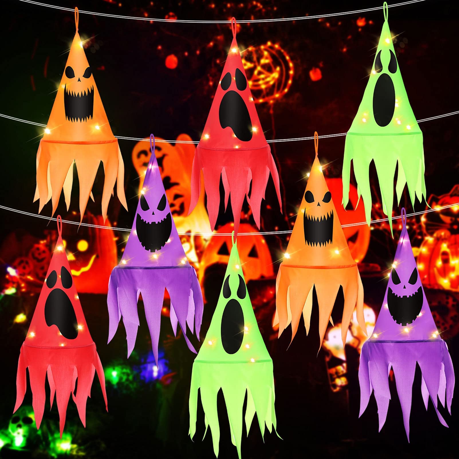 Toyvian Halloween Decorations - 8Pack 21.33FT LED Remote Control String Lights with 8 Lighting Modes, Hanging Lighted Witch Hat & Scary Tree Decor for Outdoor, Garden, Party, Yard - Perfect for Halloween Night, Spooky Parties & Outdoor Decorations