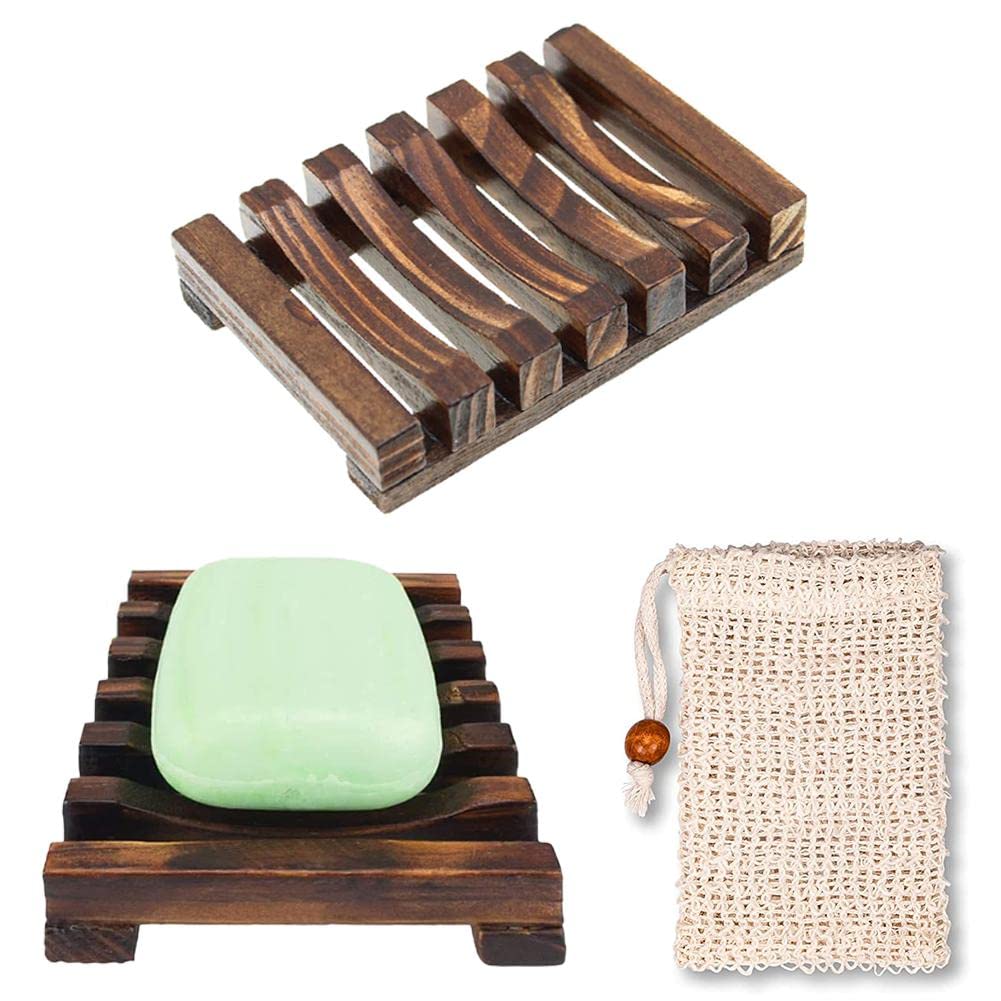 AONUOWE Wooden Soap Dish Holder - 2 Pack Charcoal Soap Tray with Natural Ramie Soap Bag for Bathroom & Shower - Keeps Soap Dry, Easy to Clean - Perfect for Spa, Guest Bathrooms and Eco-Friendly Homes