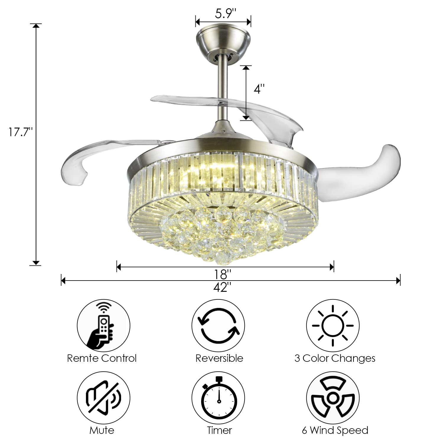 42 Inch Retractable Ceiling Fan with Lights - 6 Speed Modern Crystal Chandelier Fandelier, Reversible Motor for Bedroom, Living Room & Office - Perfect for Home Cooling and Stylish Lighting Decor