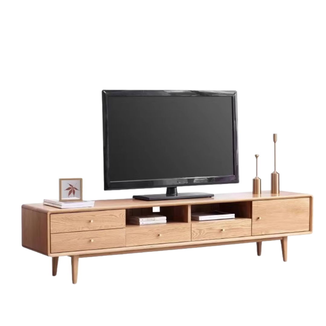 Solid Oak Wood TV Stand - Modern Entertainment Center with Storage Shelves for Living Room, Bedroom & Home Theater
