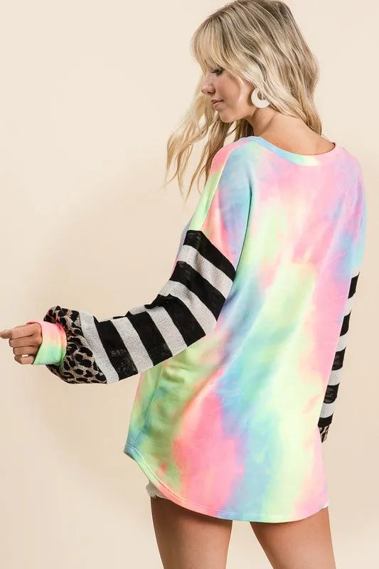 BiBi Tie Dye V-Neck Blouse with Striped Puff Sleeves - Trendy Women's Summer Tops for Casual Outings & Beach Vacations
