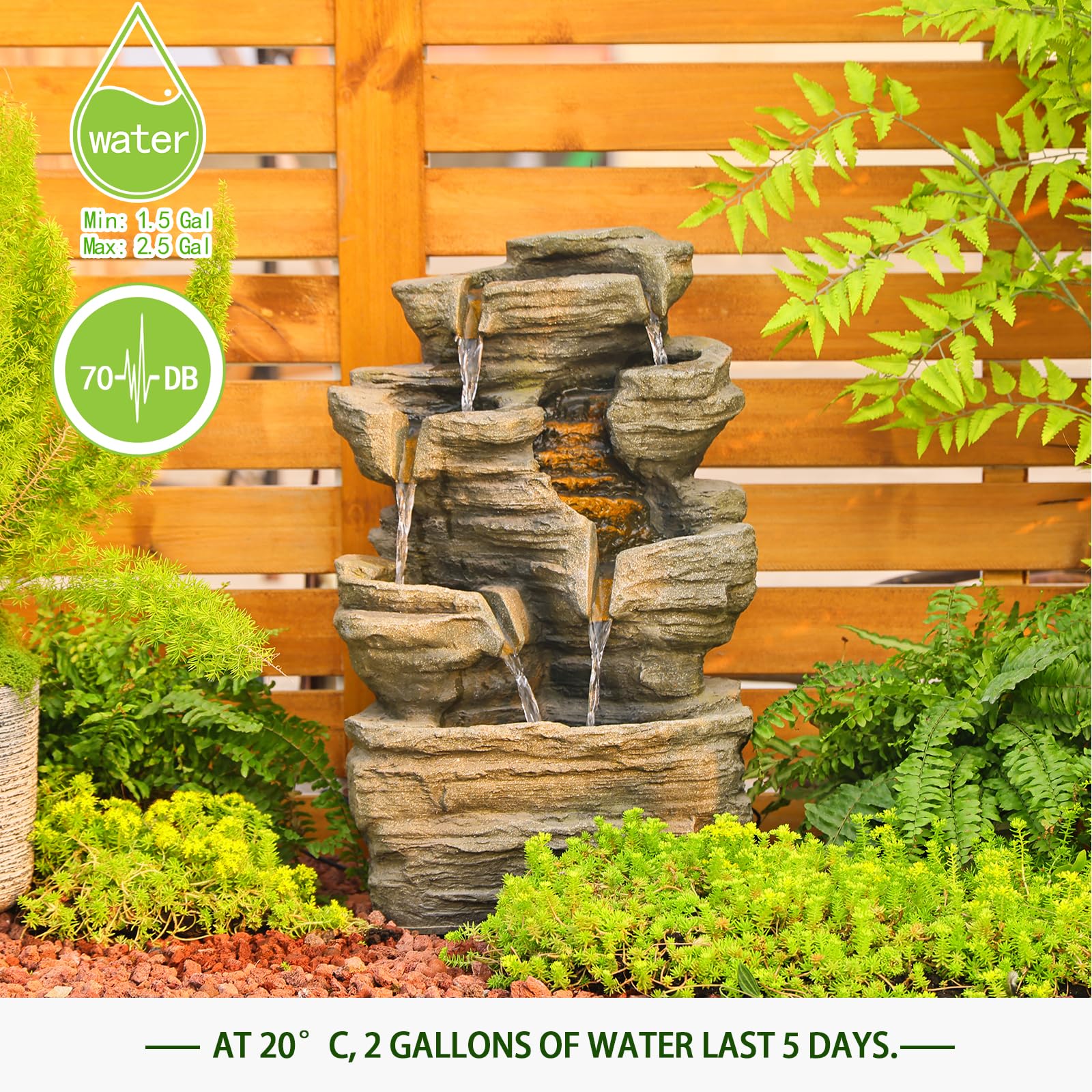 6-Tier Cascading Rock Water Fountain with LED Lights - 24.4
