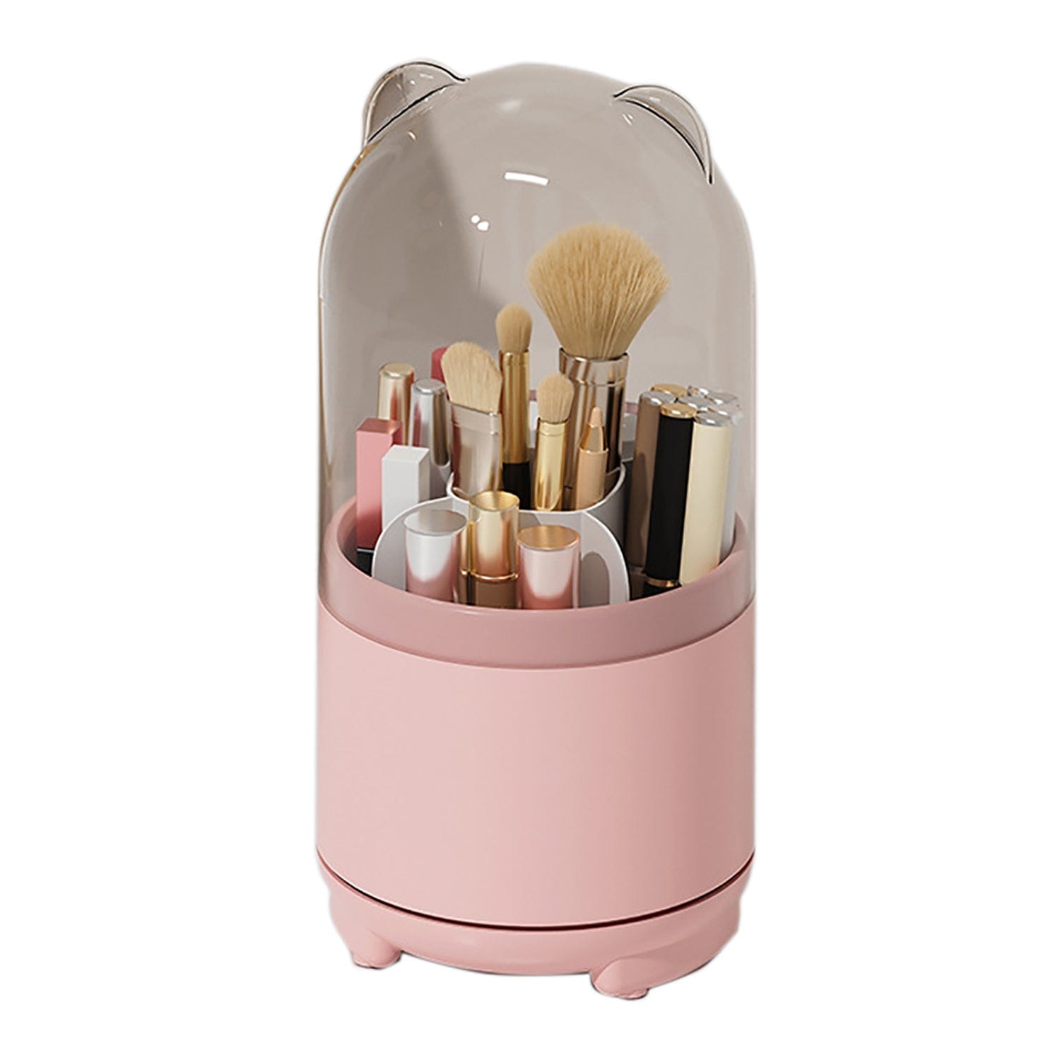 360° Rotating Transparent Makeup Brush Organizer - Dustproof Cosmetic Storage Box with Lid (Pink) | Perfect for Vanity, Bathroom & Travel Organization