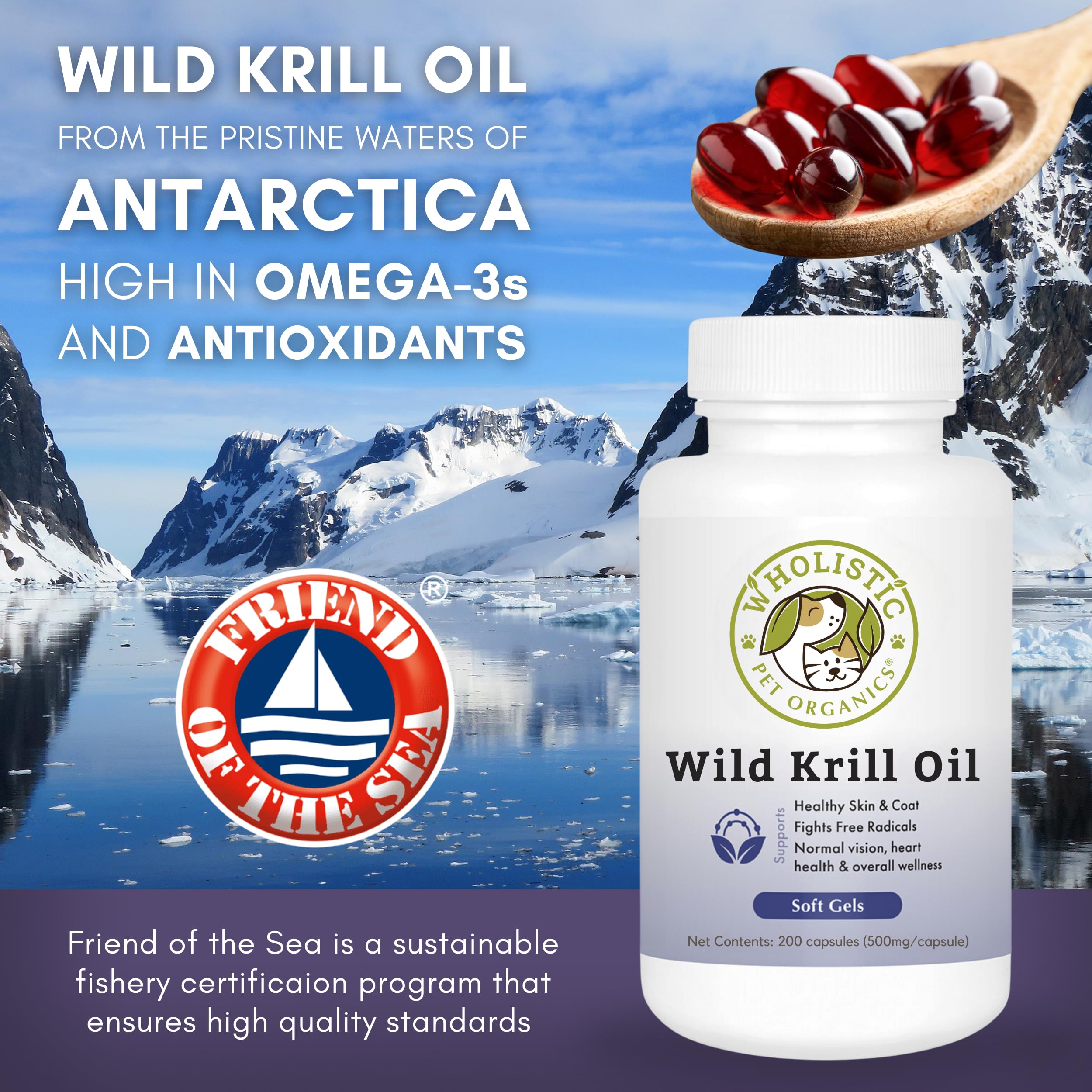 Wholistic Pet Organics Krill Oil Soft Gel Capsules for Dogs - 200 Count - Omega-3 & Astaxanthin Supplement for Joint Health, Shiny Coat & Heart Wellness - Perfect for Senior Dogs & Active Breeds