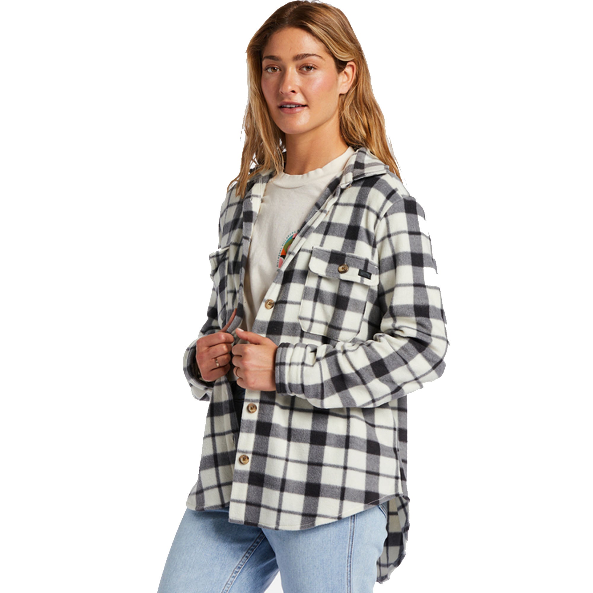 Billabong A/Div Forge Fleece Women's Long Sleeve Flannel Shacket - White & Black Plaid - Cozy Winter Layering for Outdoor Activities & Casual Wear