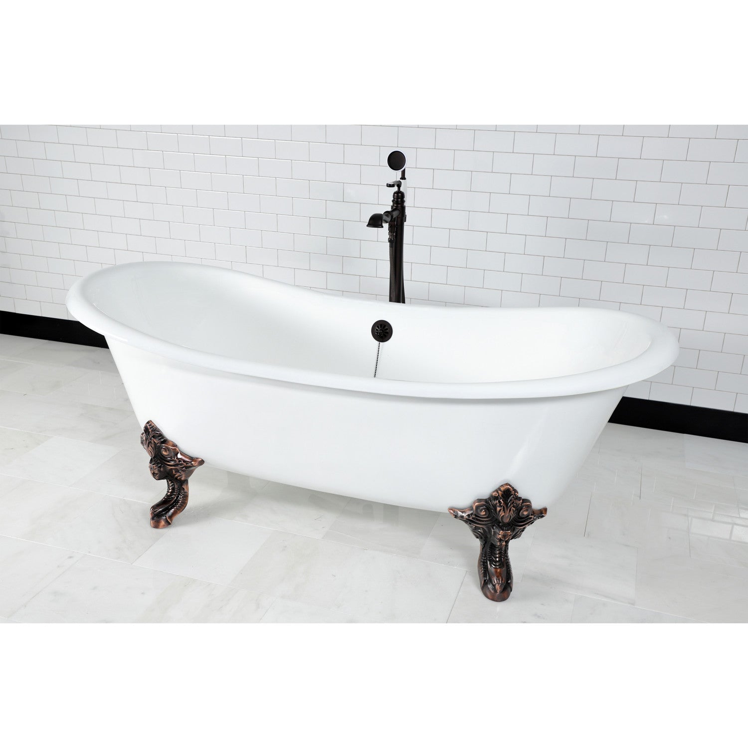 Aqua Eden 72 Inch White Cast Iron Clawfoot Bathtub - Oval Double Slipper Design with Oil Rubbed Bronze Feet | Vintage Freestanding Soaking Tub for Luxury Bathroom & Spa Retreat