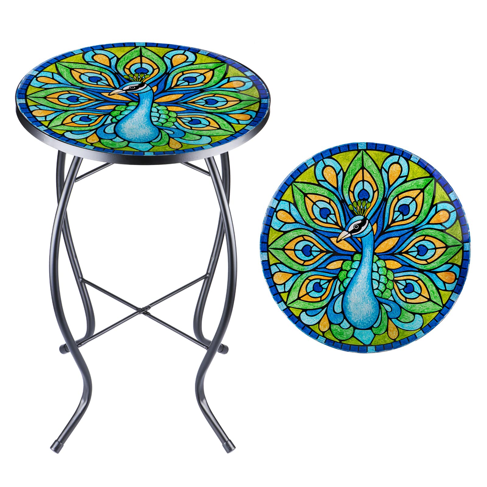 VCUTEKA Round Glass Side Table - Outdoor Patio Coffee Table, Indoor Accent End Table for Living Room, Balcony, Porch & Bistro - Perfect for Plants, Drinks & Decor (Peacock Design)
