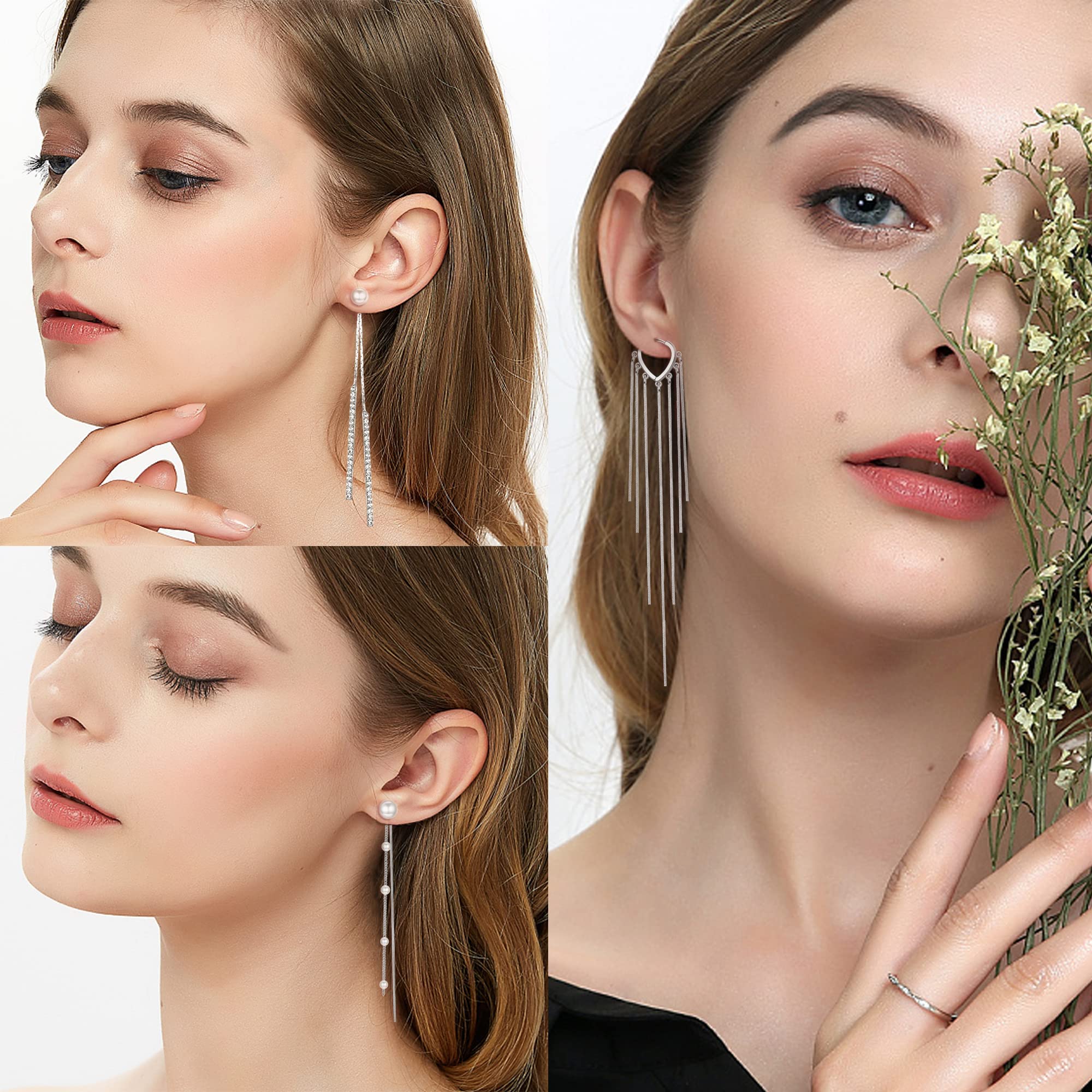 6 Pairs Long Tassel Dangle Earrings for Women | Pearl Drop Earrings | Shiny Silver Rhinestone Jewelry Set | Wedding, Party & Bridesmaid Accessories | Perfect for Date Night, Prom & Special Occasions