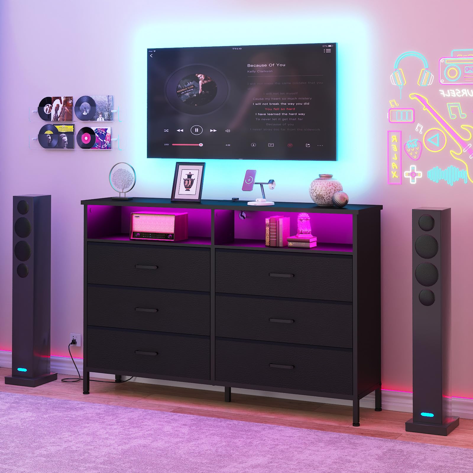 LED Fabric Dresser with Charging Station - 6 Drawer Storage for Bedroom & Living Room TV Stand