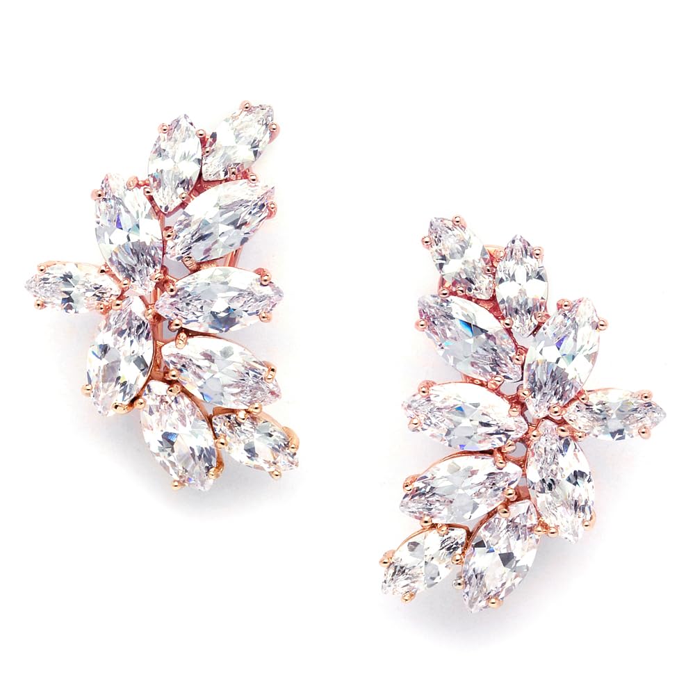 Rose Gold Clip-On Cubic Zirconia Crystal Bridal Earrings - Marquise Cut CZ Cluster Non-Pierced Earrings for Weddings, Bridesmaids, Prom & Special Occasions | Perfect for Bridal Party, Mother of the Bride & Formal Events