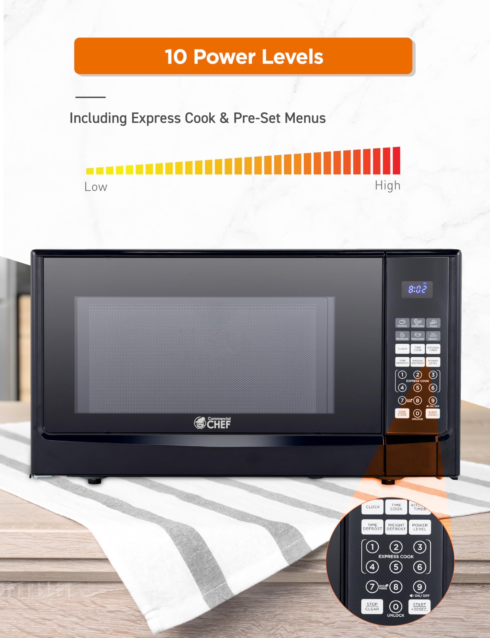 Commercial Chef 1.4 Cu Ft Countertop Microwave - 1100W with 10 Power Levels & Digital Control Panel, Push Button Operation, Timer Function - Perfect for Small Kitchens, Dorms, Offices & Home Use (Black)