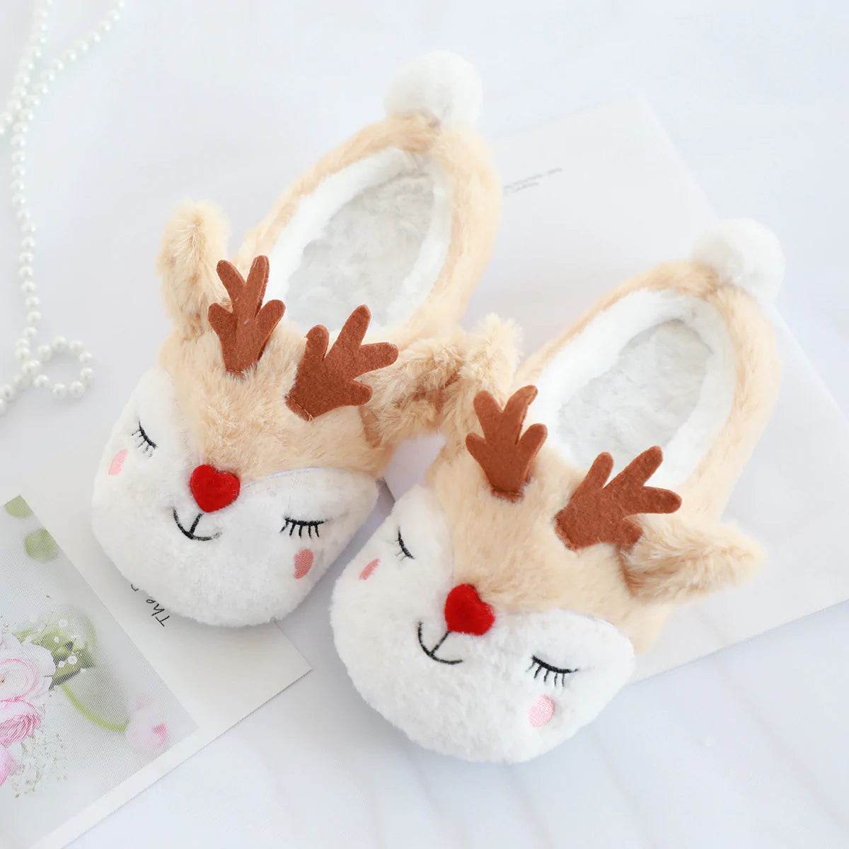 Snugglee Plush Reindeer Rudolf Indoor Slippers - Soft Christmas Themed House Shoes for Women & Kids - Perfect for Holiday Parties, Cozy Home Wear & Winter Gift Giving