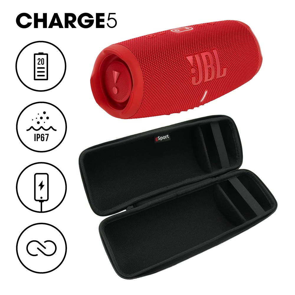 JBL Charge 5 Waterproof Bluetooth Speaker with Built-in Power Bank - Portable Wireless Speaker for Outdoor, Beach, Pool & Travel - Includes gSport Carbon Fiber Case (Red)