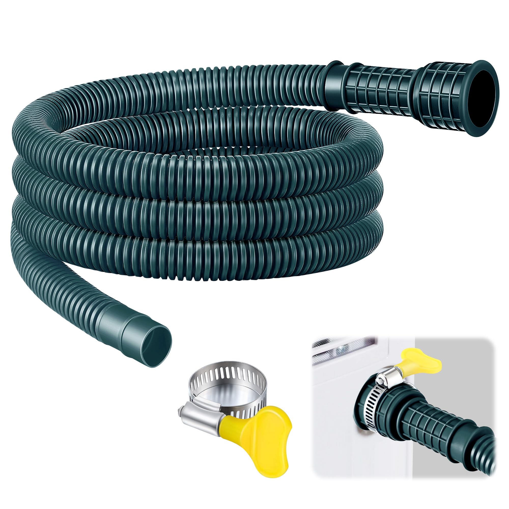 Saillong Patent Pending Universal Dehumidifier Drain Hose - 6.5ft Flexible Replacement Hose with Adjustable Rubber Adapter & Connect Clamp - Compatible with Dehumidifiers & AC Units (Green) - Perfect for Basement, Home & Office Moisture Control