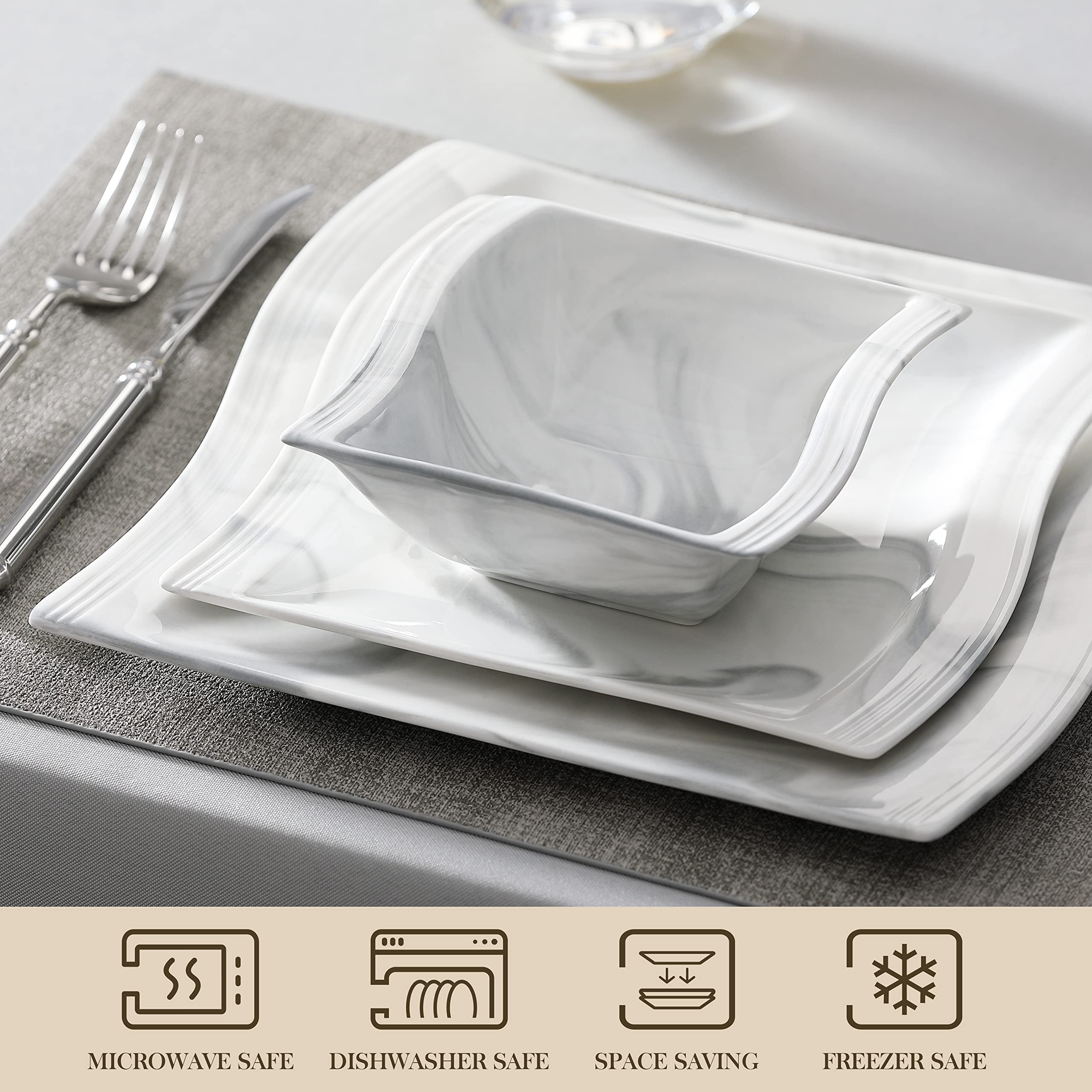 MALACASA 56-Piece Porcelain Dinnerware Set - Modern Square Plates, Bowls, Serving Platters, Cups & Saucers in Marble Grey (Flora Series) - Perfect for Dinner Parties, Family Gatherings & Restaurant Use