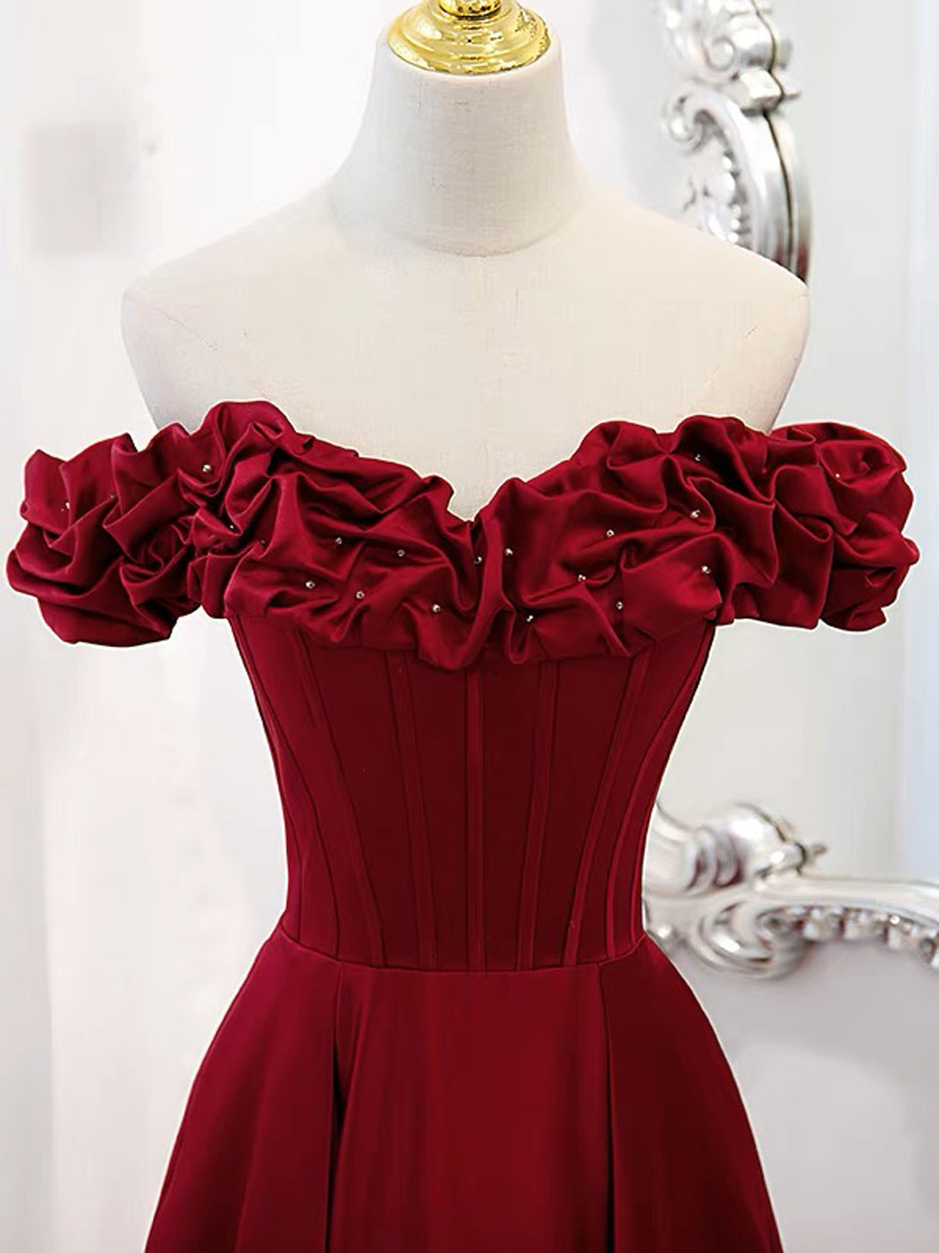 Elegant Off-Shoulder A-Line Burgundy Satin Prom Dress - Long Formal Evening Gown for Homecoming, Wedding, and Special Occasions