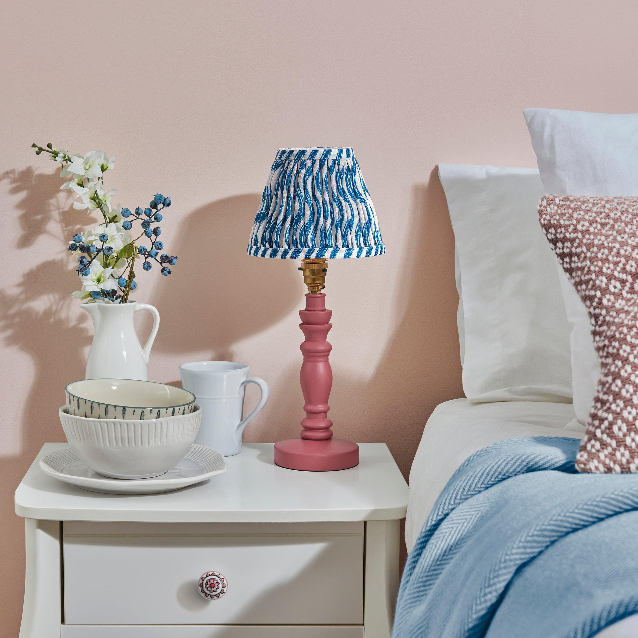 Bibury Pink Table Lamp with 16cm Ripple Marlin Blue Shade - Elegant Bedside & Living Room Lighting for Home Decor