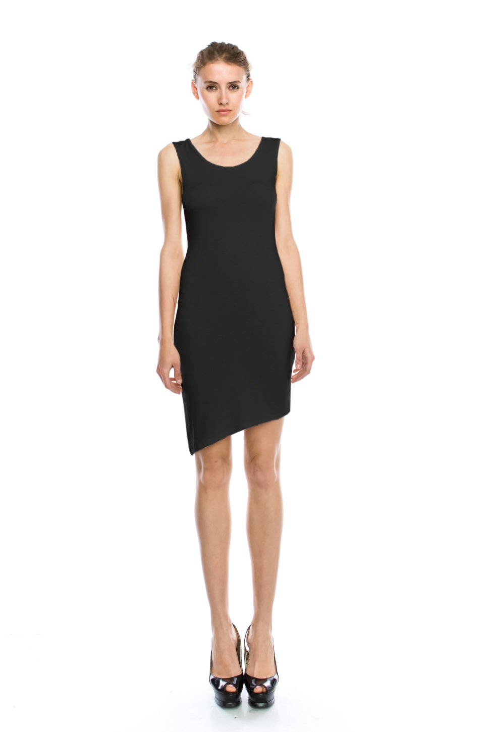 Women's Simple Solid Jersey Asymmetrical Hem Mini Pencil Sheath Dress - Made in USA - Perfect for Office Wear, Cocktail Parties & Date Nights