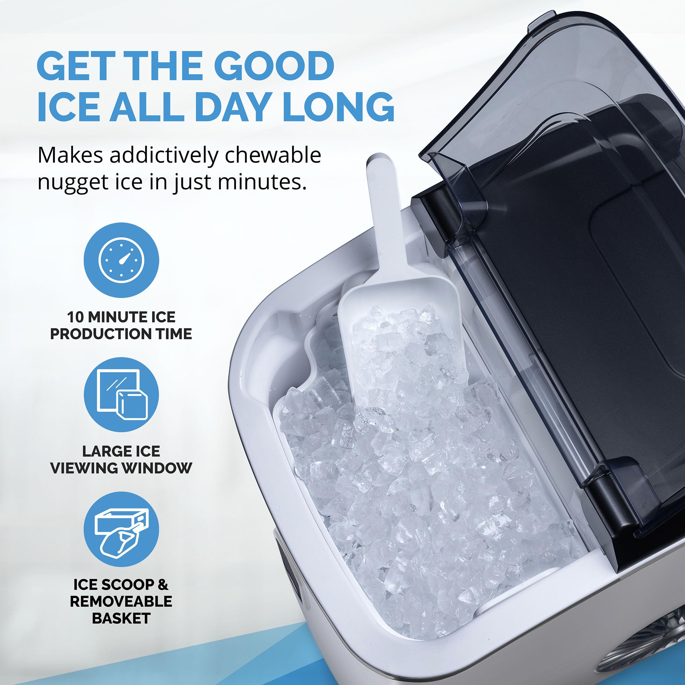 NewAir Nugget Countertop Ice Maker Machine - 26 lbs. Sonic Ice Maker with Self-Cleaning Function & Refillable Water Tank | Stainless Steel Portable Ice Machine for Home, Office, Kitchen, Coffee Bar, Parties & Outdoor Use