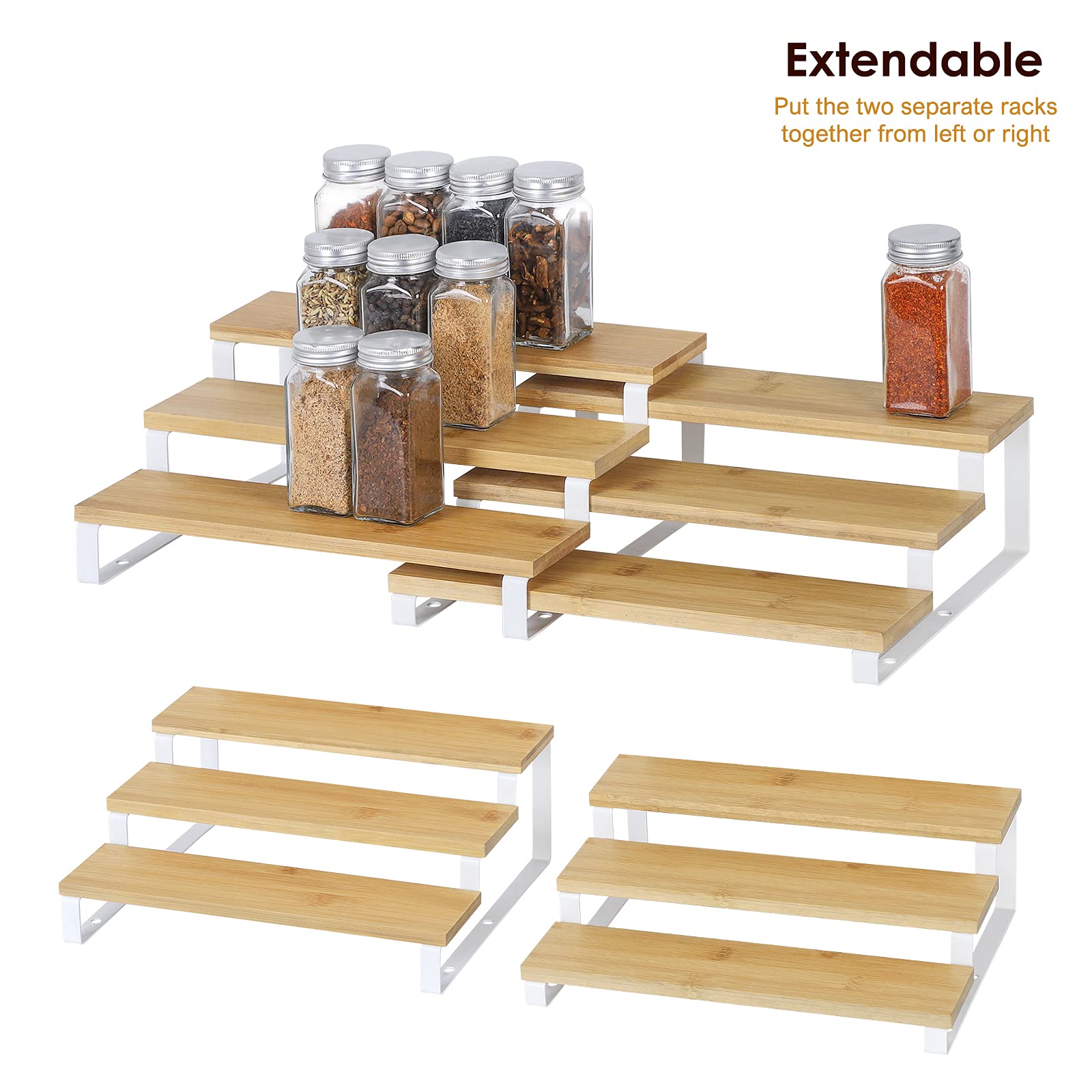 MOOACE Expandable 3-Tier Spice Rack Organizer for Kitchen Cabinet - White & Natural Spice Shelf with Adjustable Shelves (Set of 4) - Perfect for Countertop, Pantry, and Small Space Kitchen Organization