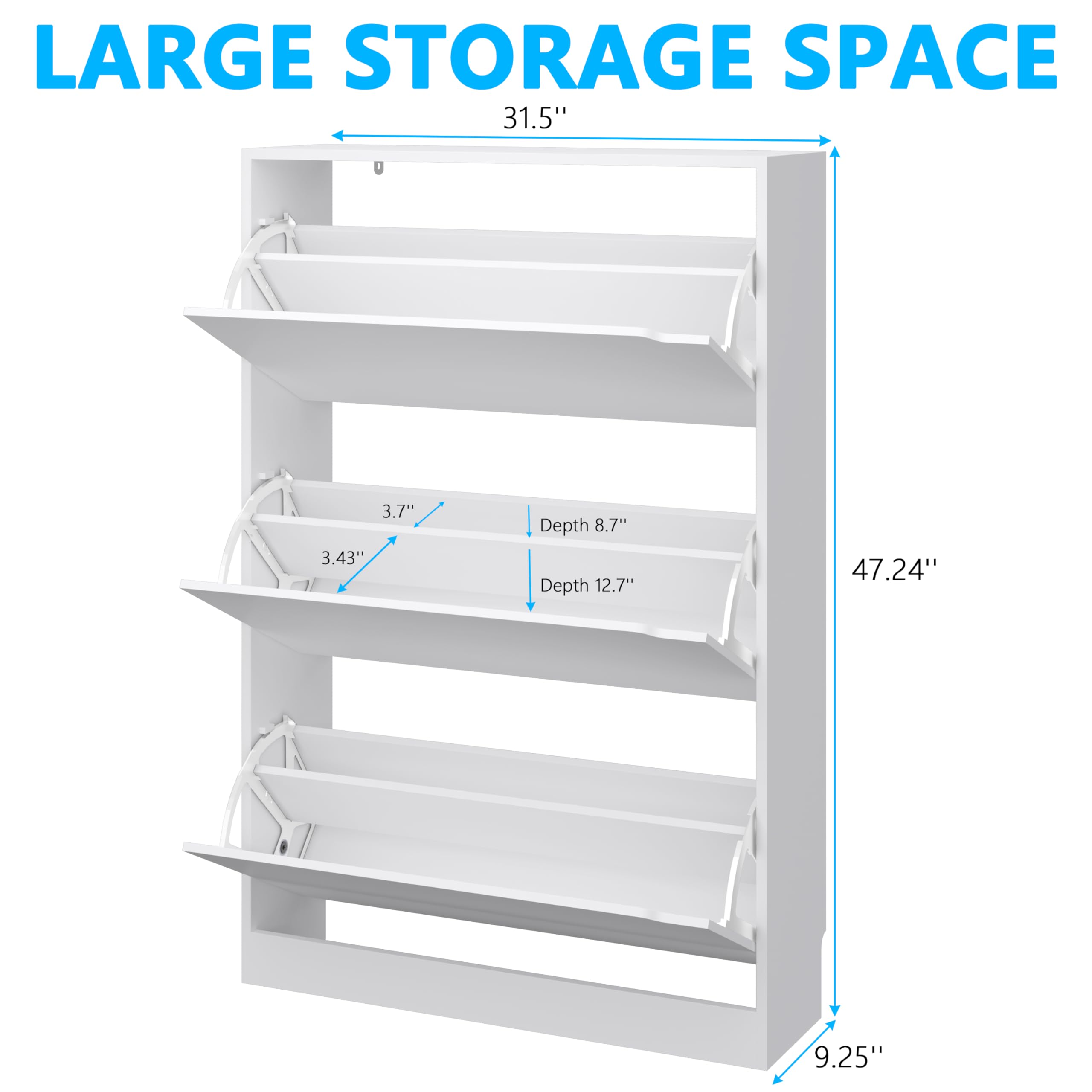 White Shoe Cabinet with 3 Flip Drawers - Entryway & Hallway Storage Organizer (9.33