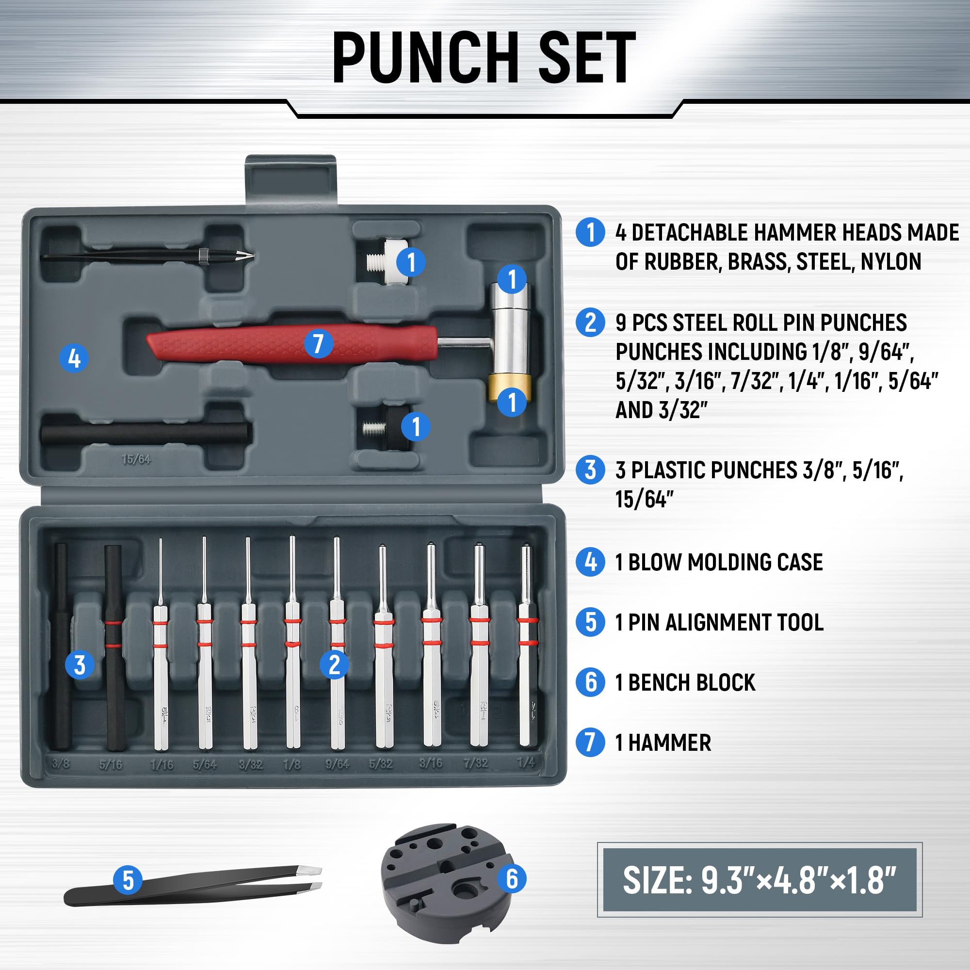 High-Quality Steel Roll Pin Punch Set - Durable Mechanical Repair Tool with Replaceable Face Hammer & Bench Block | Perfect for Automotive, Gunsmithing & Metalworking Projects