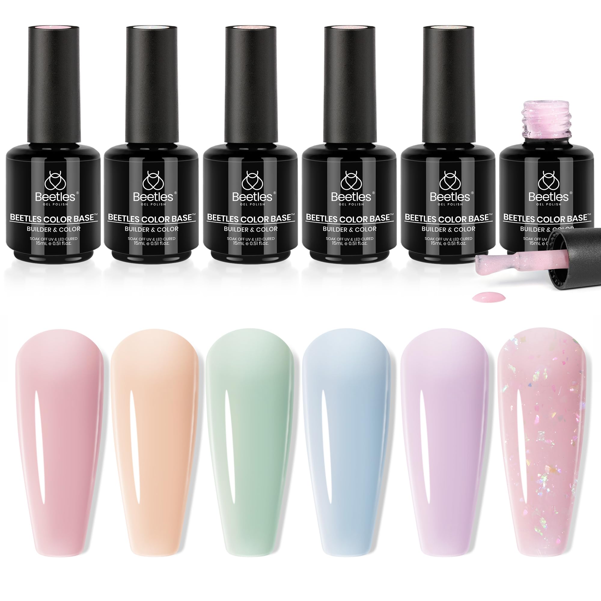 Beetles 6 Colors Nude Jelly Pink Glitter Pastel Neutral Sheer French Tips Base Gel Nail Polish - 5 in 1 Rubber Base Gel, Soak Off UV Nail Art Design, Strengthens Natural Nails | Perfect for French Manicure, Nail Art Designs, Home & Salon Use