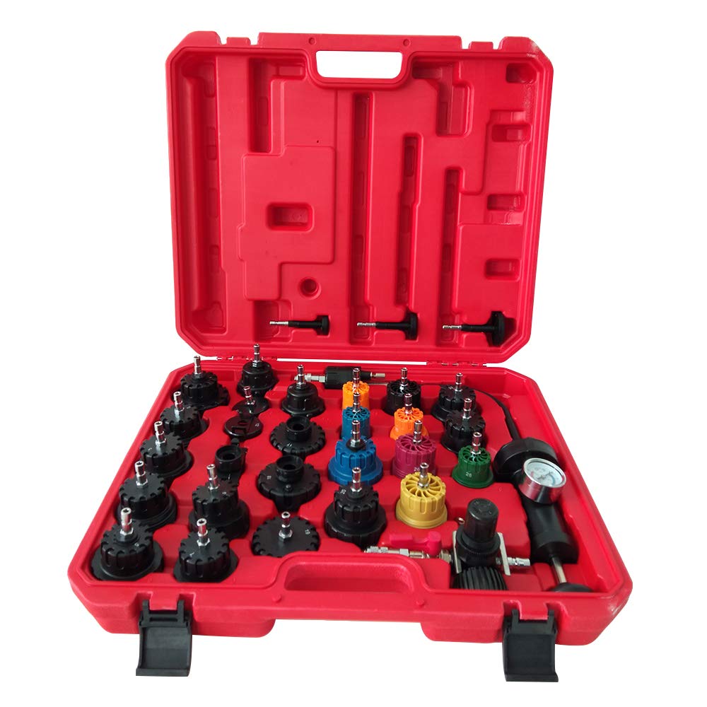 SUNROAD 33-Piece Radiator Pressure Tester Kit with Coolant Vacuum Pump - Universal Cooling System Diagnostic Tool for Cars, Trucks & SUVs (Red/Blue) - Perfect for Mechanics & DIY Auto Repairs