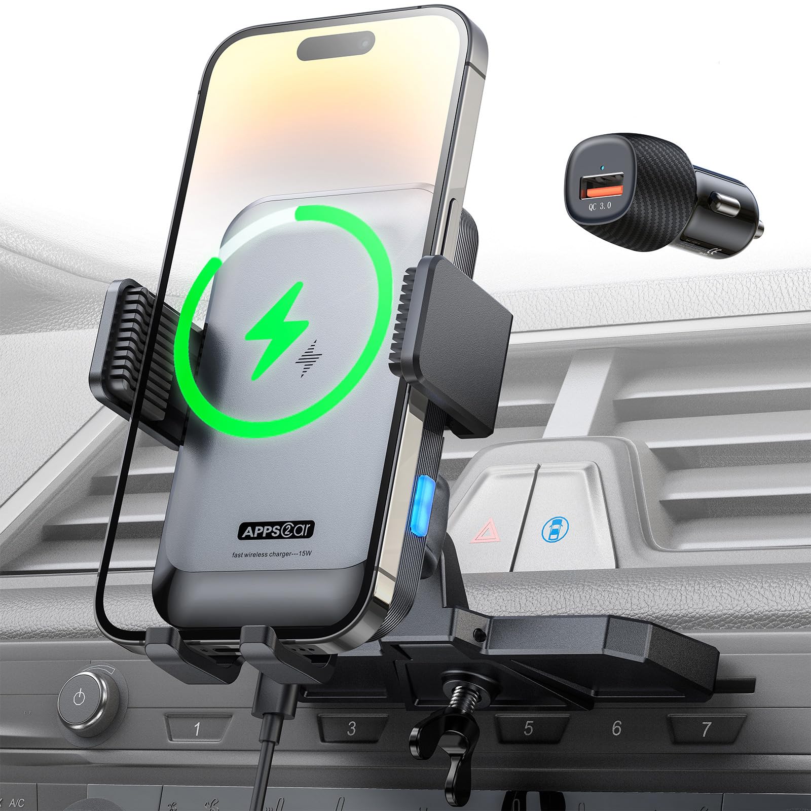 APPS2Car Wireless Car Charger Mount - 15W Fast Charging CD Slot Phone Holder for iPhone 16/15/14/13/12 Pro Max, Samsung S23/S22 Ultra, Google Pixel, LG - Auto Clamping Car Charger for Safe Driving & Hands-Free Navigation
