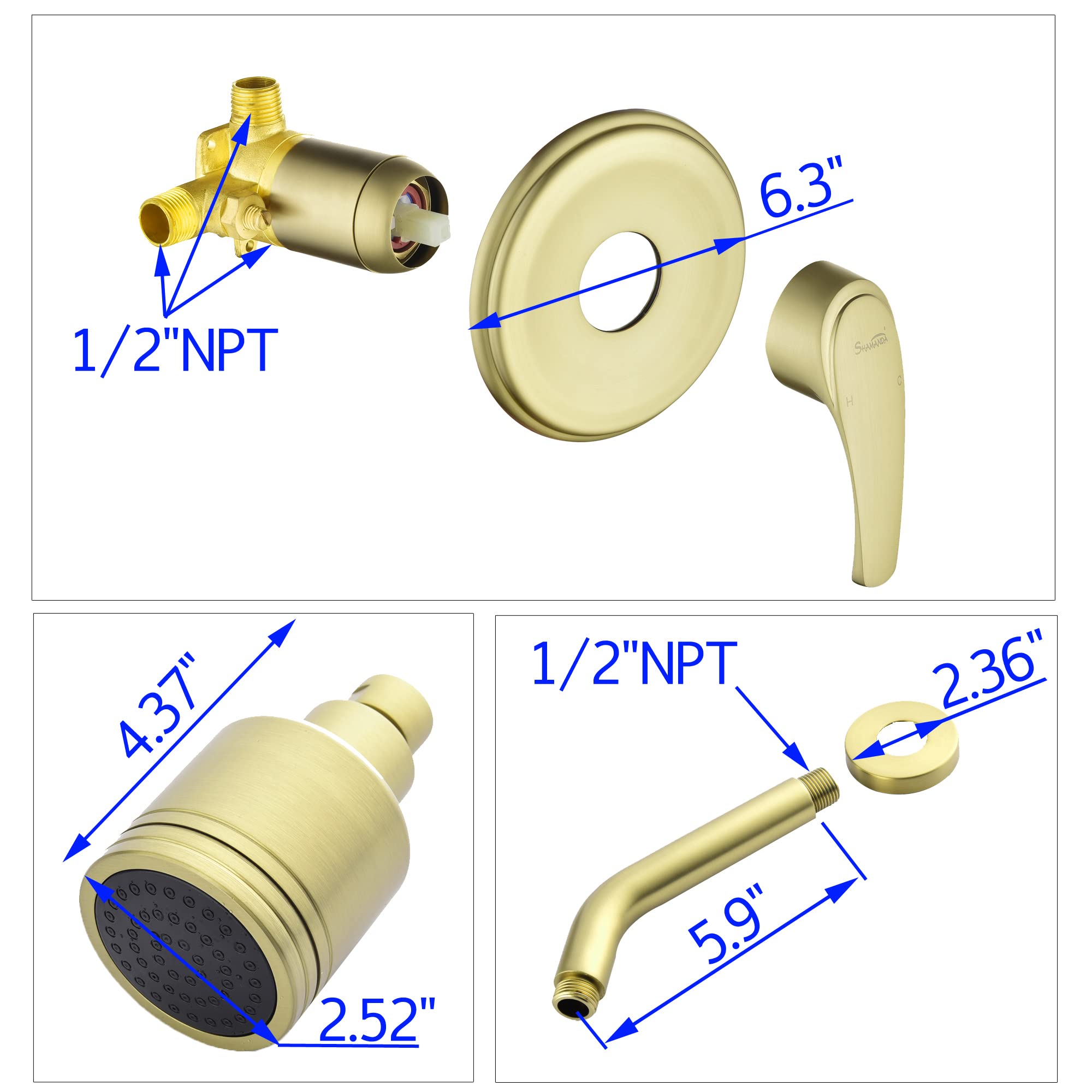 SHAMANDA Single-Function Shower Faucet Set with Pressure Balancing Valve & Detachable Shower Head - Brushed Gold Finish (Model L801-3) - Perfect for Bathroom Renovation, Modern Home Upgrade & Spa-Like Shower Experience