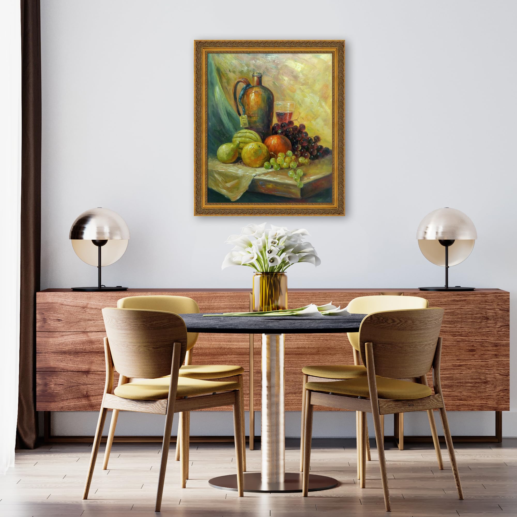 La Pastiche Still Life Painting - Fruit and Drink Art Reproduction in Baroque Antique Gold Frame (24