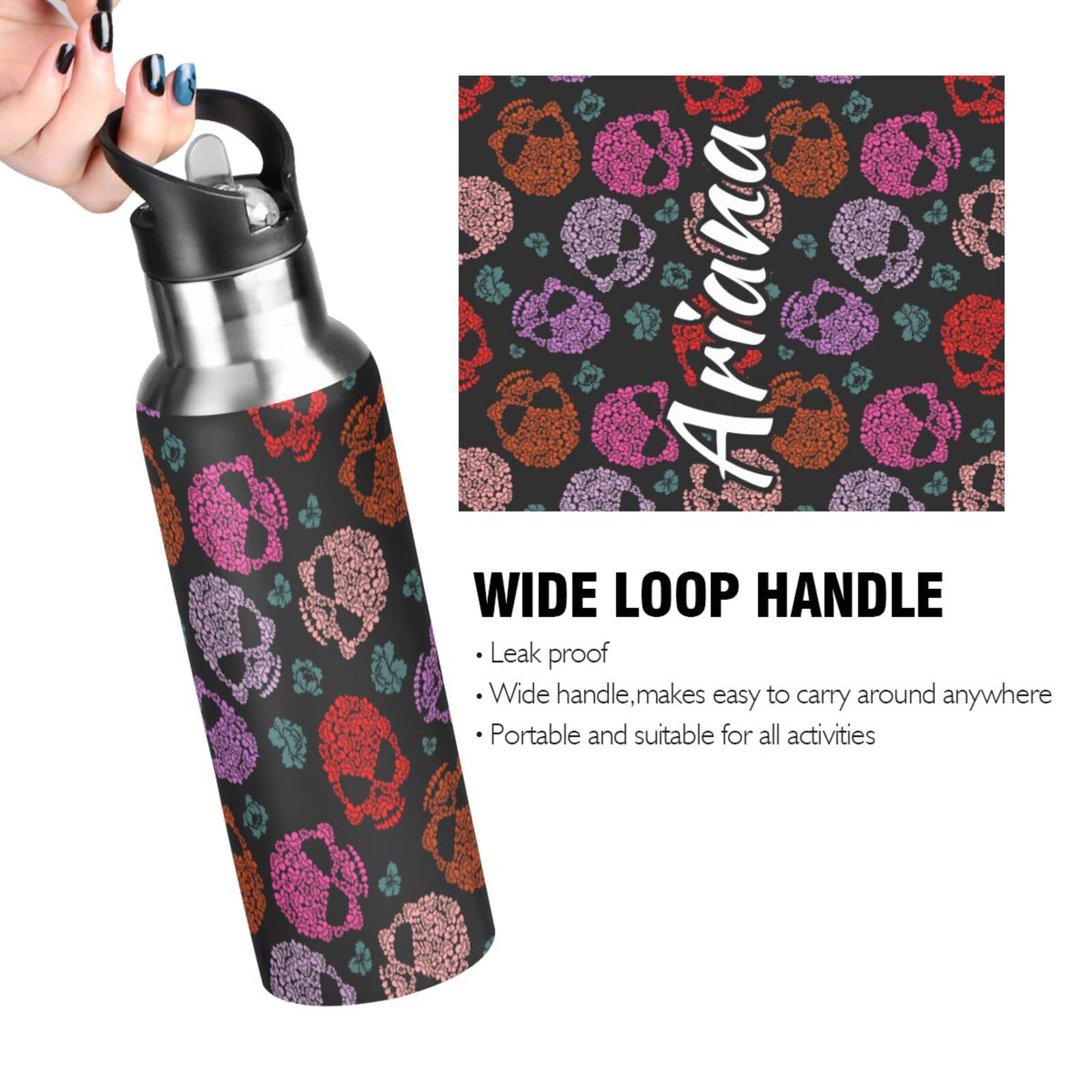 Custom 20oz Insulated Flower Skull Water Bottle with Straw Lid - Personalized Reusable Sports Bottle for Gym, Hiking & Backpacking - BPA Free Leakproof Stainless Steel Drinkware for Outdoor Activities & Workouts