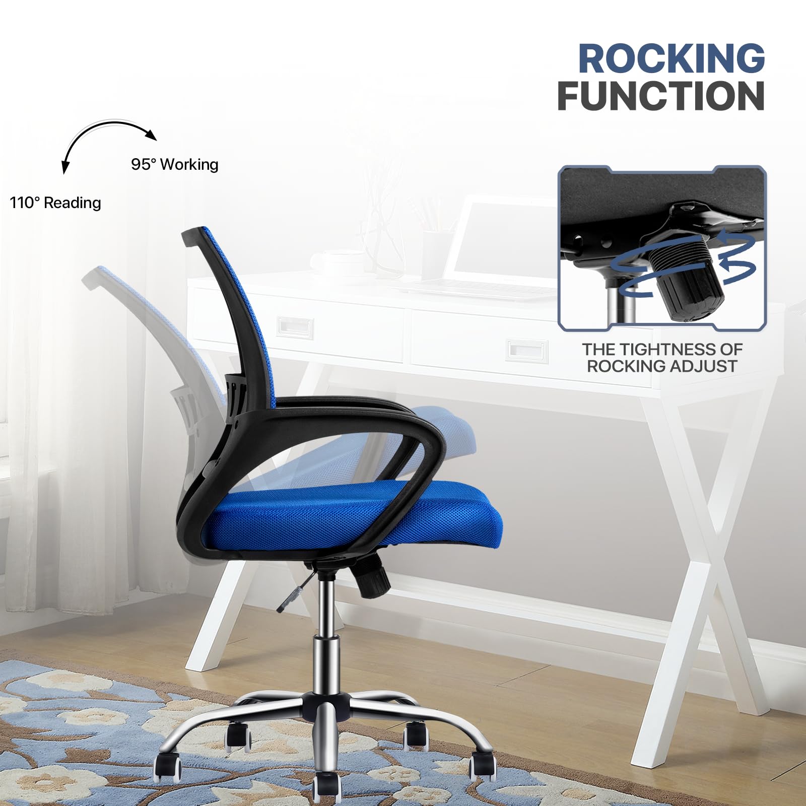 Ergonomic Mesh Office Chair with Wheels & Armrest - Adjustable Swivel Computer Chair + Non-Slip Rectangular Chair Mat for Home & Office Workspace - Perfect for Long Hours of Sitting, Gaming, and Remote Work