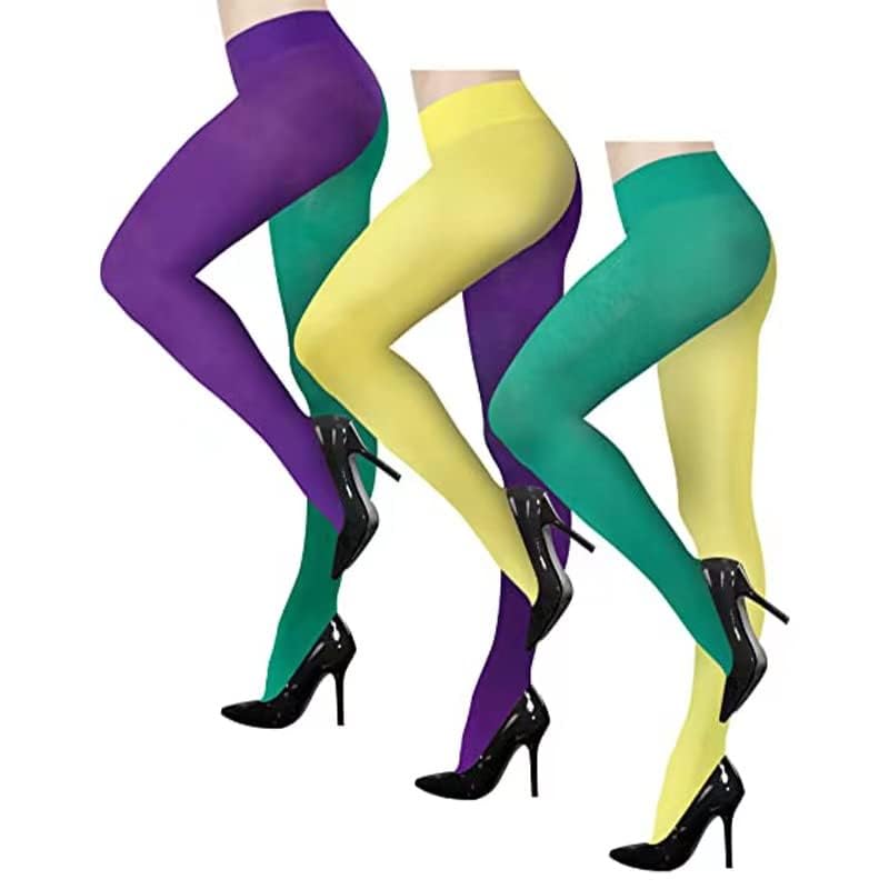 Purple Yellow Green Mardi Gras Tights - Stretchy Dance Leggings for Costume Parties, Carnival Celebrations & Festive Performances