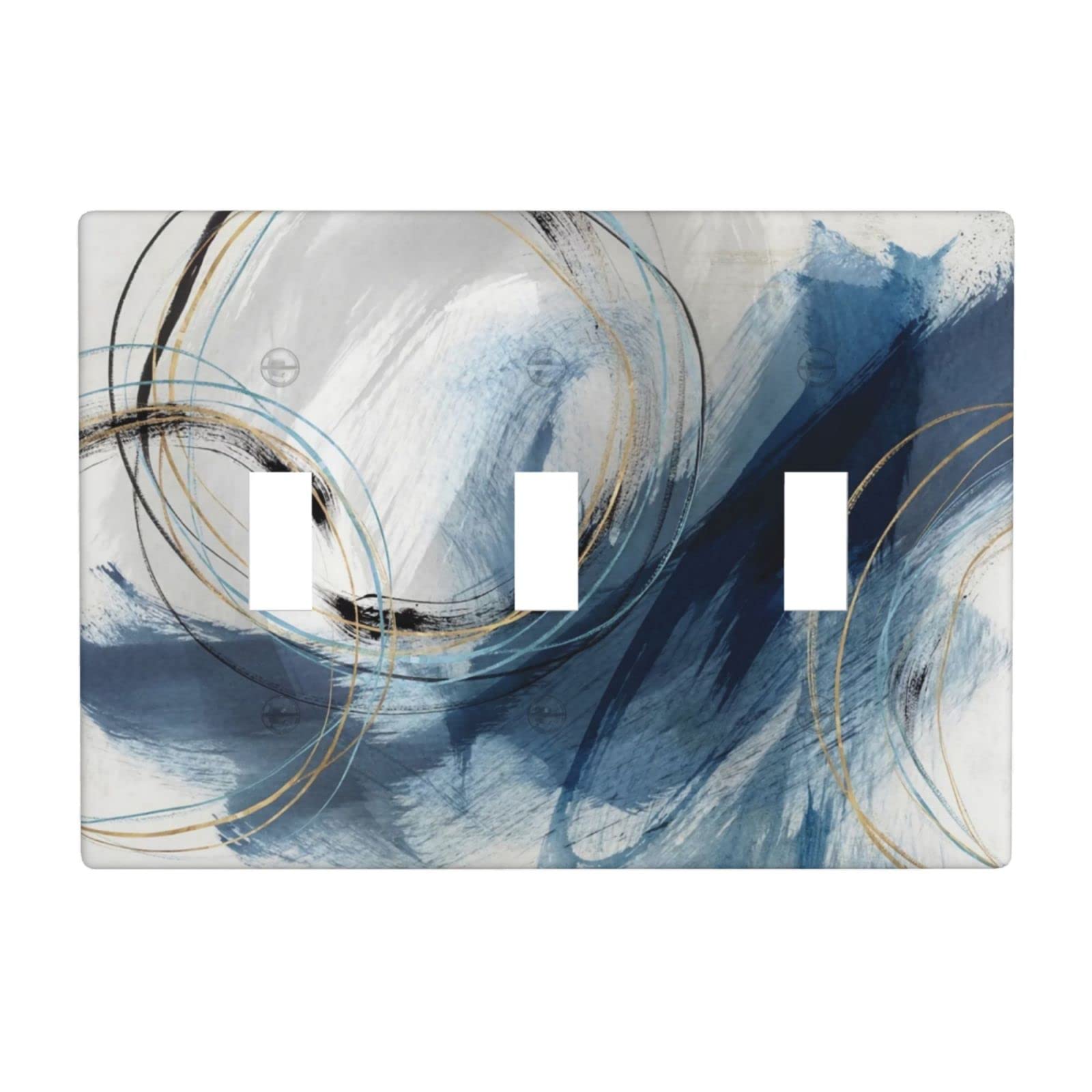 Blue and White Abstract Art Decorative Light Switch Cover Plate - Triple Toggle 3 Gang Wall Plate (Standard Size 4.5