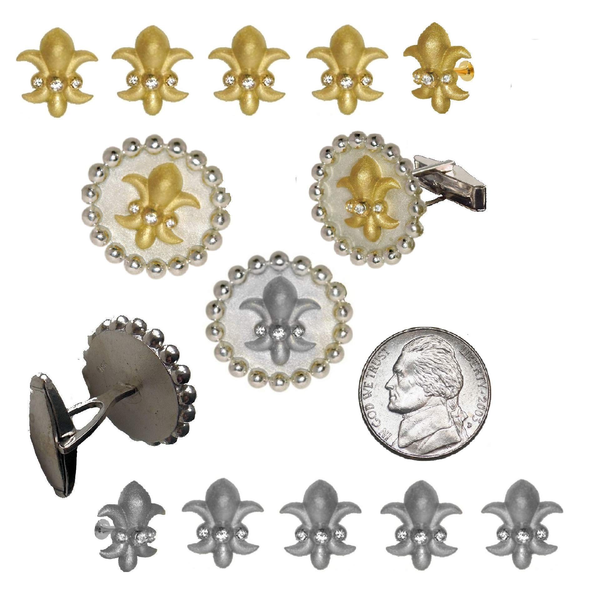 18K Gold, 14K & Sterling Silver Fleur de Lis Tuxedo Shirt Studs with Diamonds - Customizable Cufflinks, Lapel Pins & Tie Tacks - Perfect Men's Gift for Power, Enlightenment & Good Luck - Ideal for Weddings, Galas & Formal Events