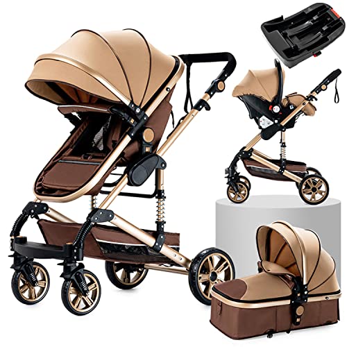 3 in 1 Reversible Baby Stroller Travel System - Foldable Luxury Pram Buggy with Base for Newborn & Toddler | Portable Lightweight Pushchair for Shopping, Park & Air Travel (UDXR001-BEIGE)