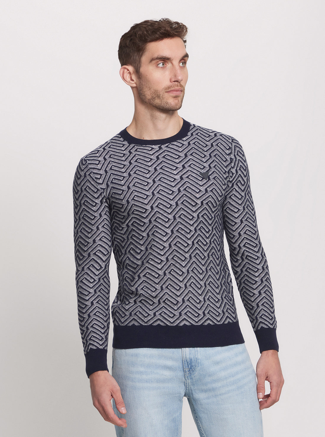 Eco-Friendly Blue Geometric Print Knit Sweater for Women - Stylish Casual Pullover for Fall & Winter Outfits | Perfect for Office, Date Night and Weekend Wear