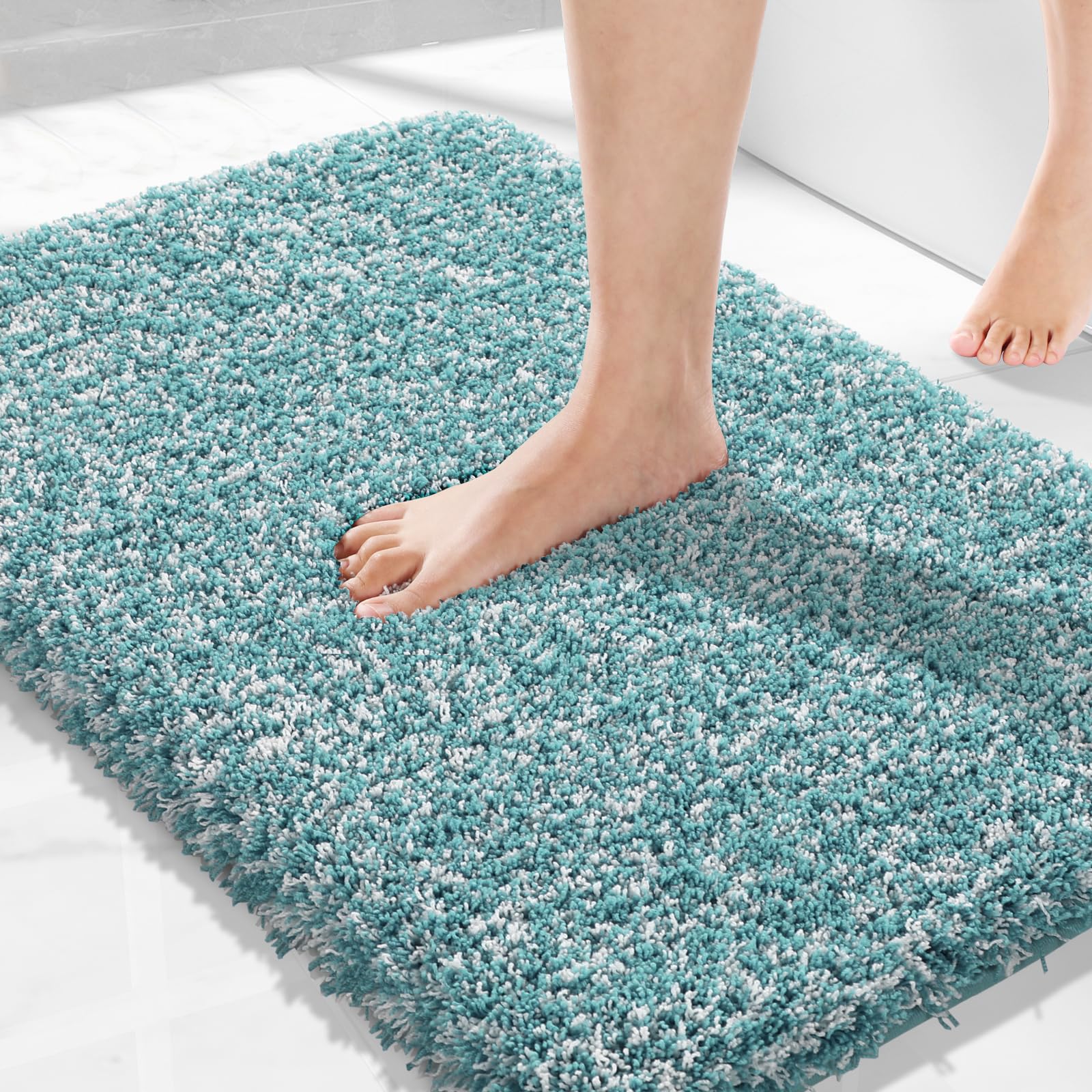 Yimobra Ultra Soft Bath Rugs 32x20 Inch - Non-Slip, Water Absorbent Shower Mats for Bathroom Floor & Tub - Plush Microfiber Bath Mat Machine Washable (Teal & White) - Perfect for Spa-Like Comfort and Safety