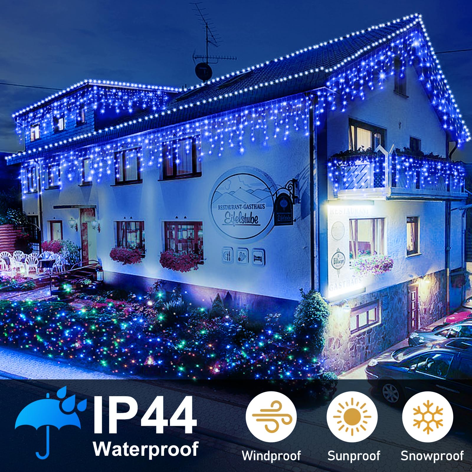 Heceltt 49FT Outdoor Christmas Lights Decorations - 480 LED Waterproof Fairy String Lights with 8 Modes, 90 Drops & Timer Memory Function - Perfect for Christmas, Holiday, Wedding, Party, Garden, and Home Decor (Blue)