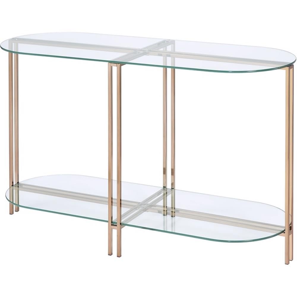 Acme Veises Oval Glass Top Sofa Table with Metal Frame & Glass Shelf - Gold & Champagne Finish - Perfect for Living Room, Entryway or Bedroom Decor