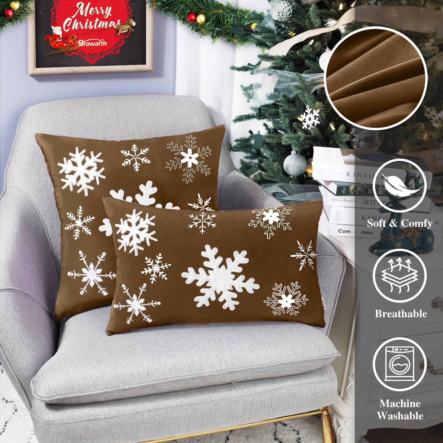 BRAWARM 18x18 Inch Christmas Snowflake Embroidered Velvet Pillow Cover - Soft Decorative Brown Throw Pillow for Couch, Bed, Sofa | Perfect for Living Room, Home Decor & Holiday Gift Giving
