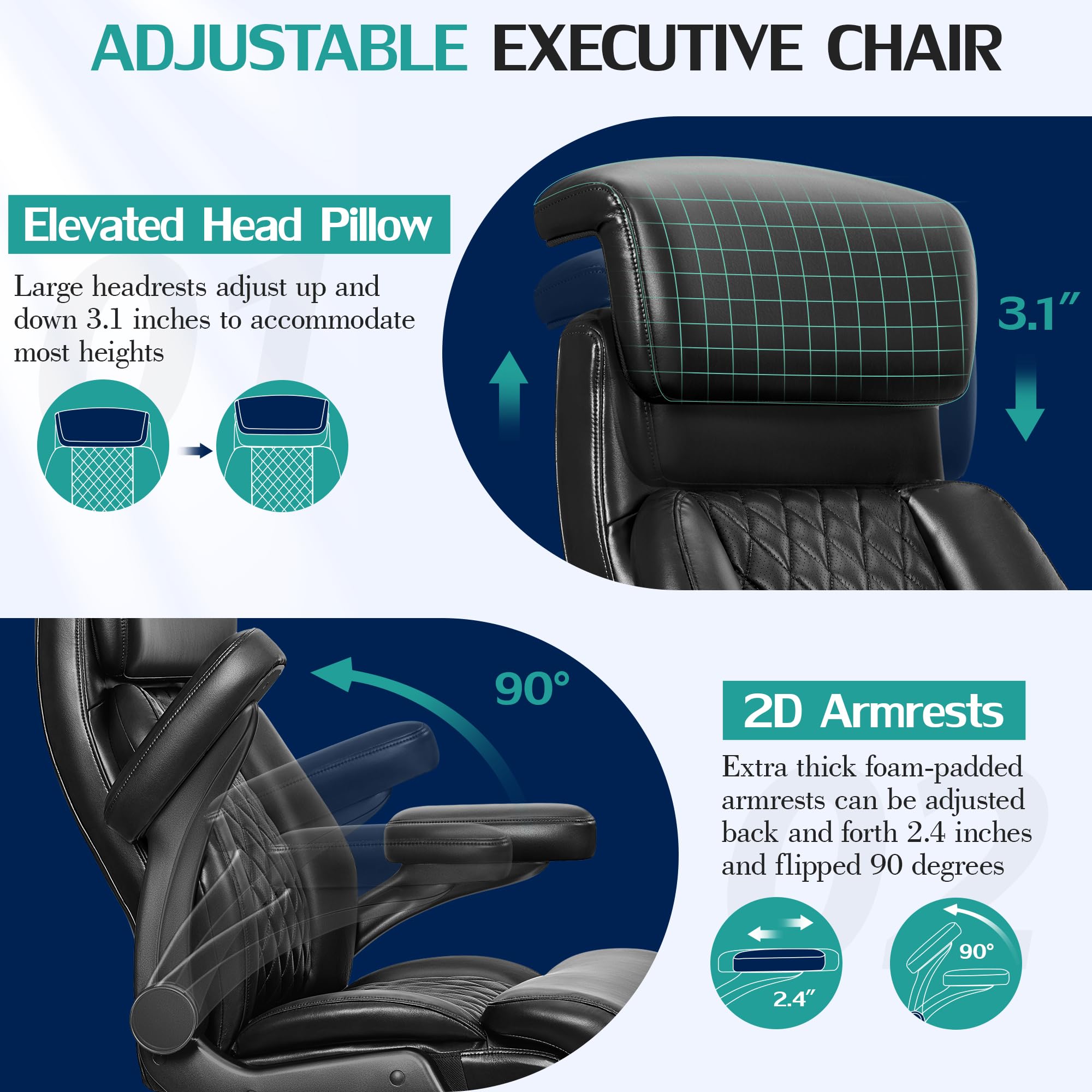 Premium 500lbs Executive Office Chair - Heavy Duty Big & Tall Desk Chair for Large People - Adjustable Lumbar Support & Armrests - Thick PU Leather Gaming Chair - Ideal for Home Office & Professional Workspaces